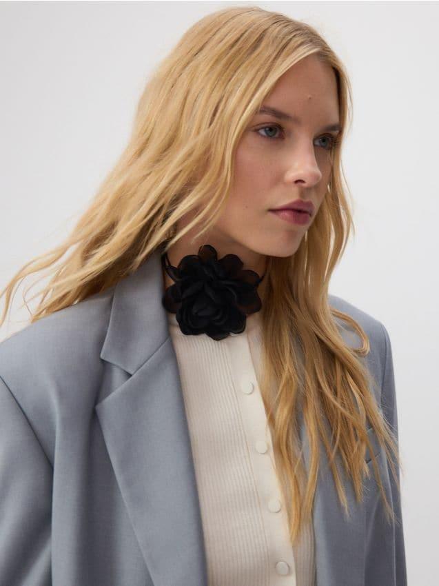 Black Linked Choker Necklace With Floral Detail, Black, large image number 0