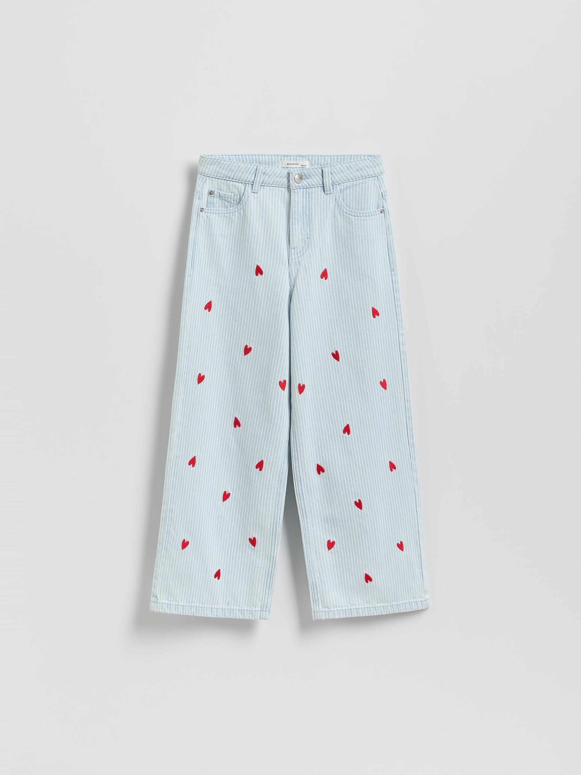 Blue Wide Leg Jeans With Embroidery Detailing, Blue, medium