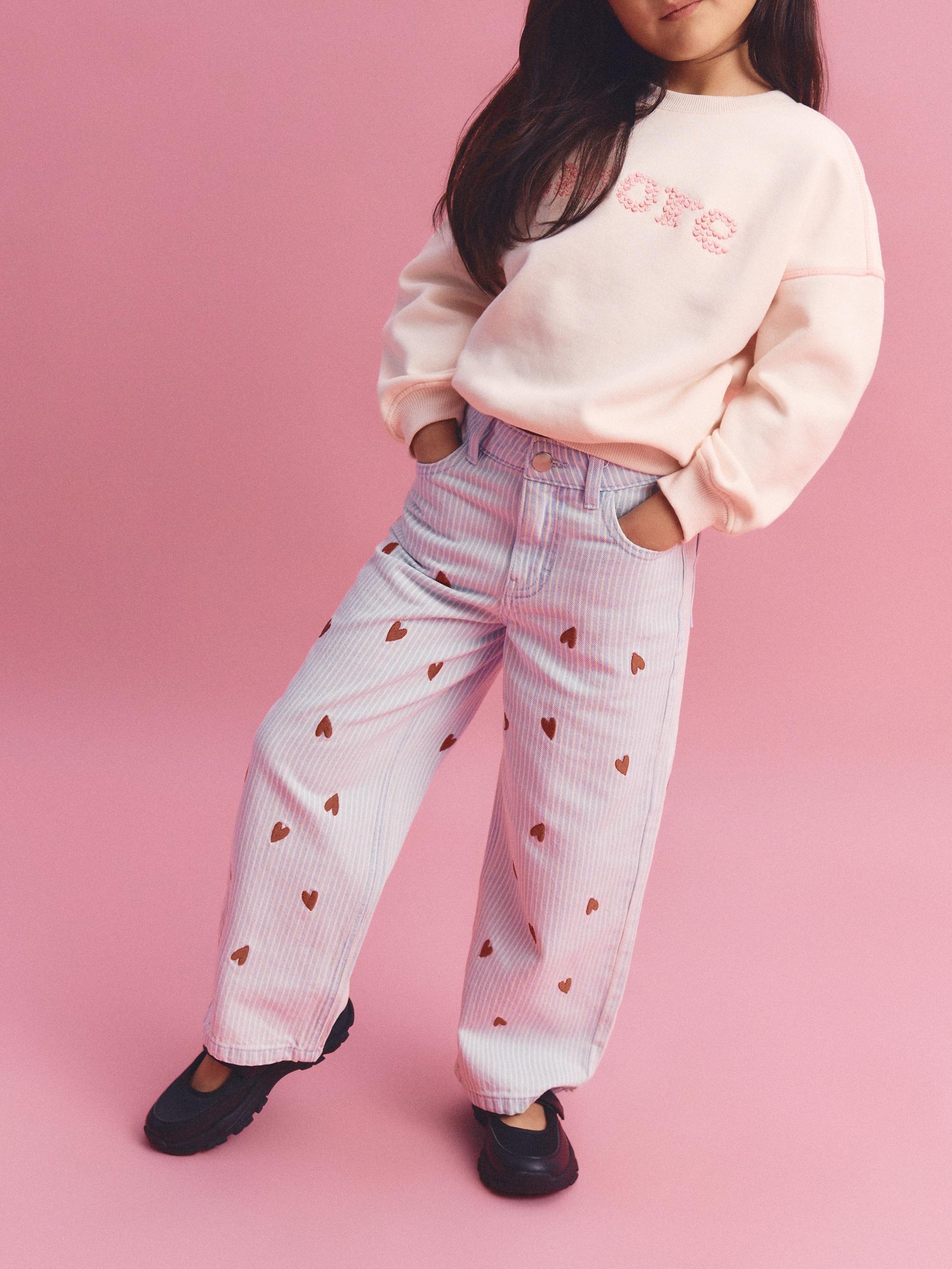 Blue Wide Leg Jeans With Embroidery Detailing, Blue, medium