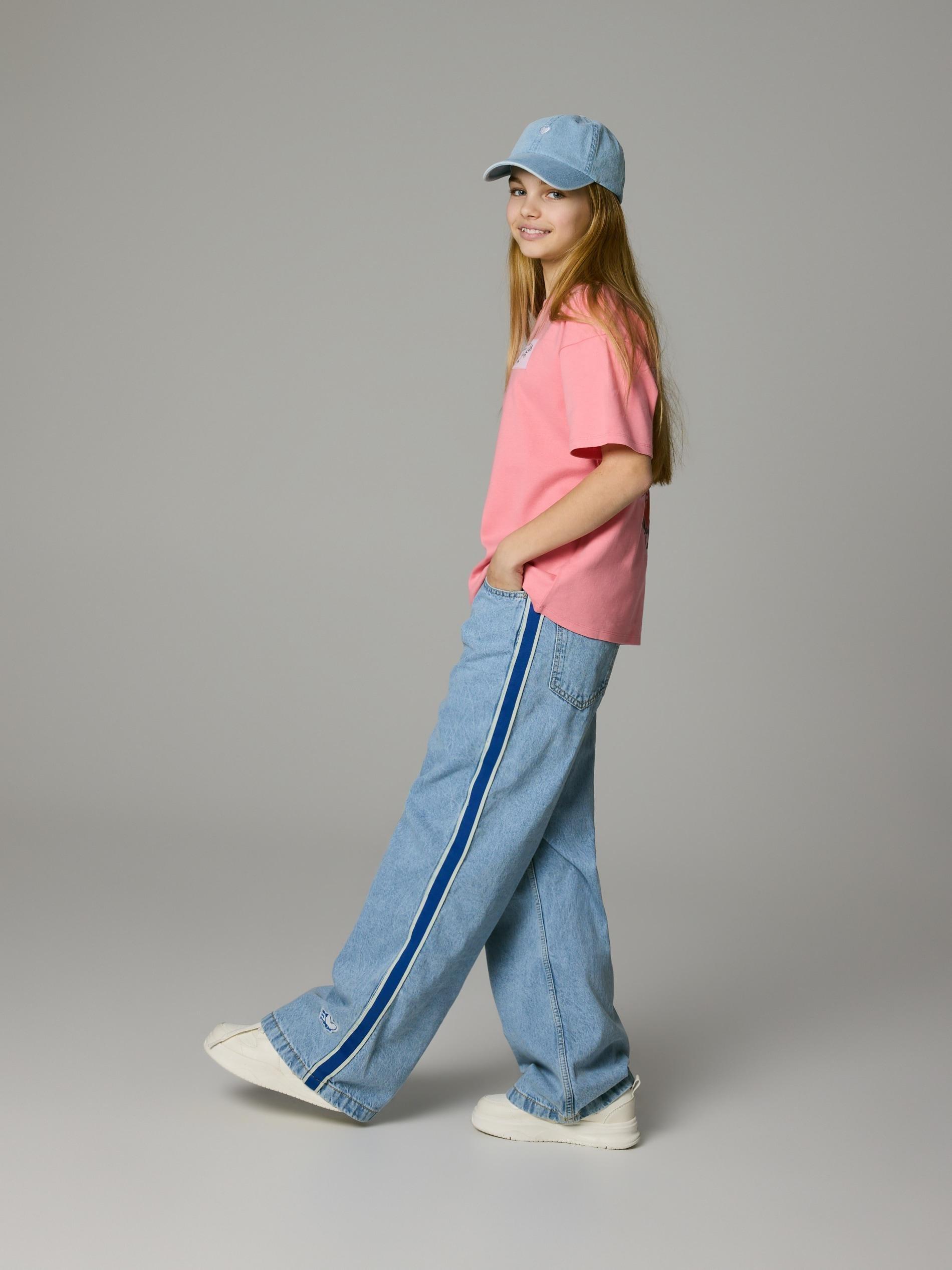 Blue Super Wide Leg Jeans With Side Stripes, Blue, large image number 4