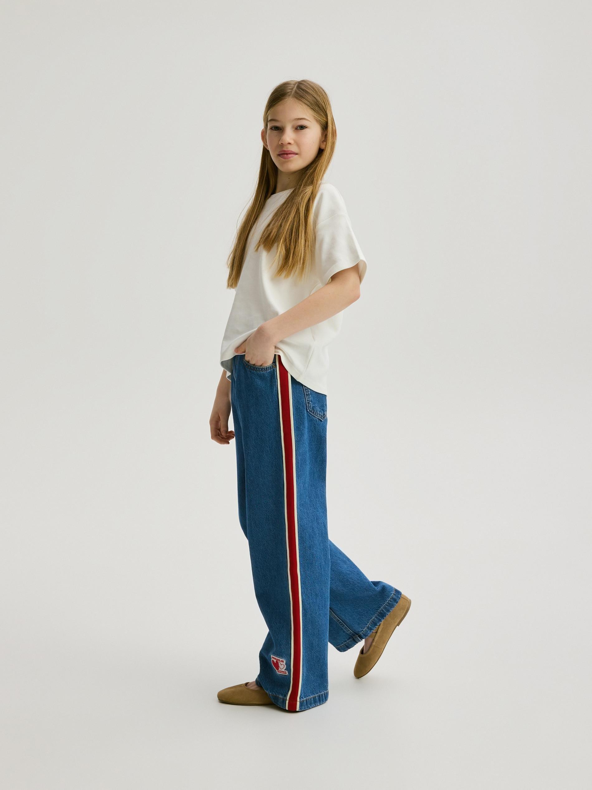 Blue Super Wide Leg Jeans With Side Stripes, Blue, large image number 1