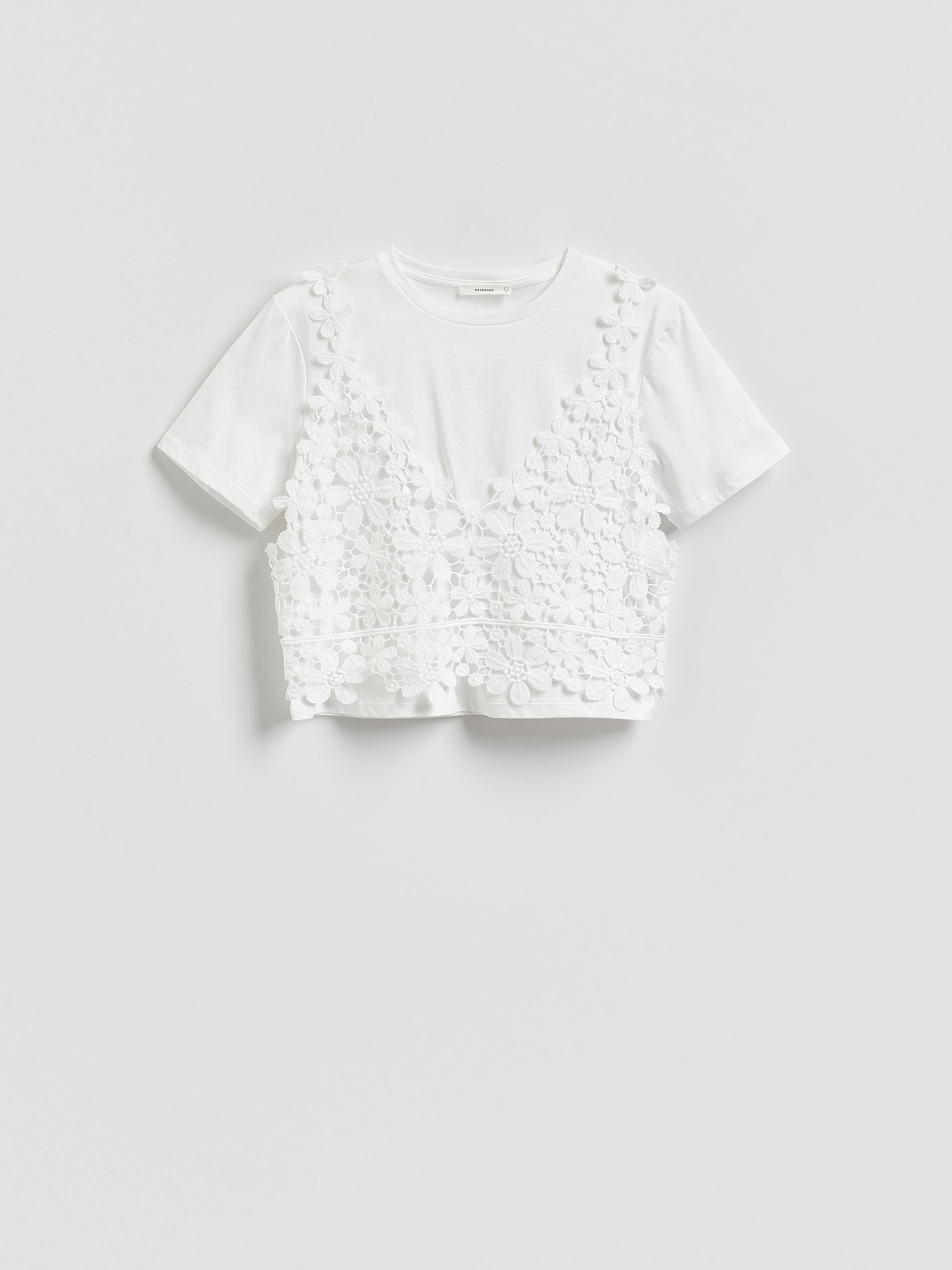 White T-Shirt With A Crocheted Applique, White, large image number 4