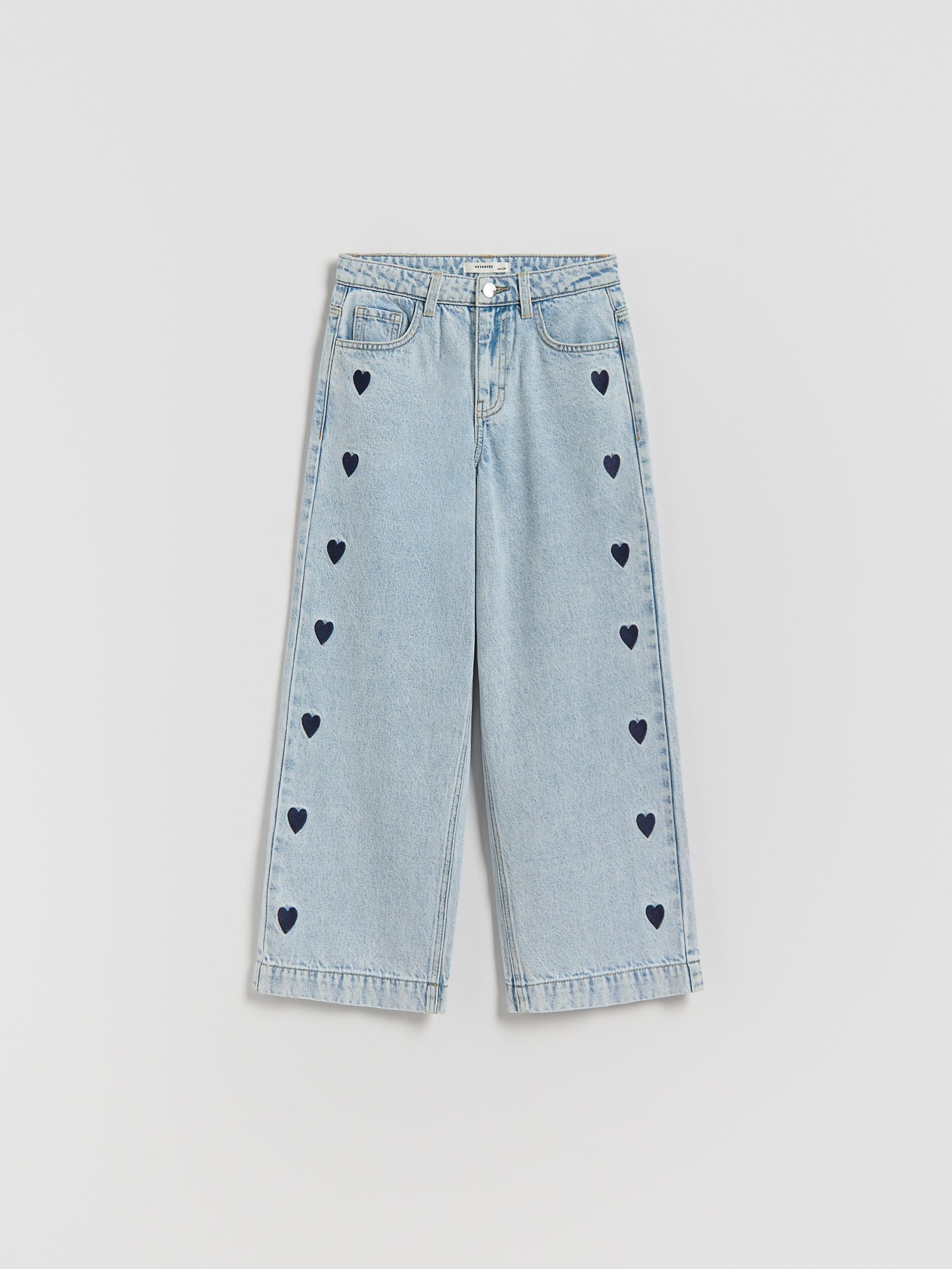 Blue Wide Leg Jeans With Embroidery Detailing, Blue, medium