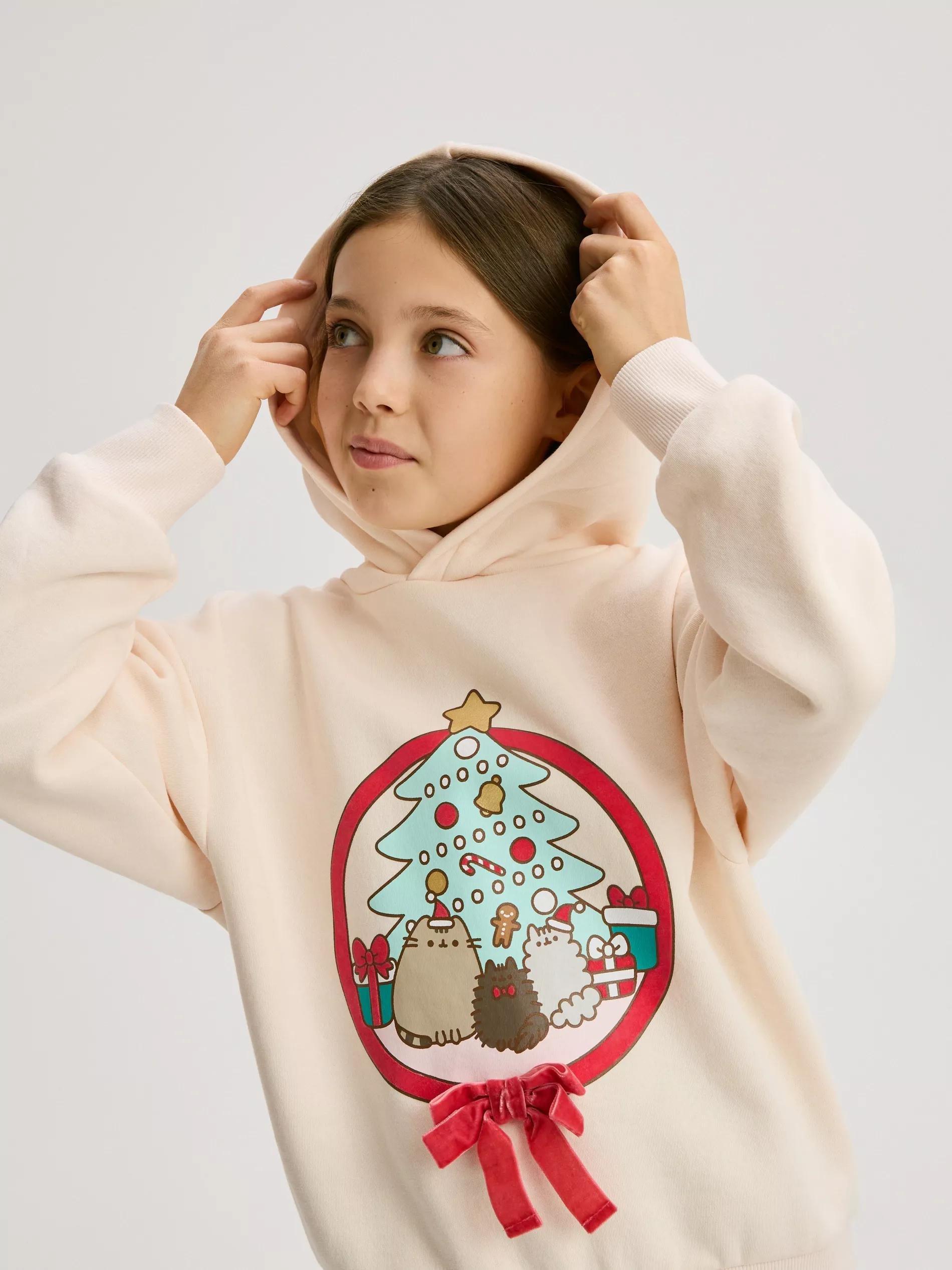 Nude Pusheen Christmas Hoodie, Kids Girls, Ivory, medium
