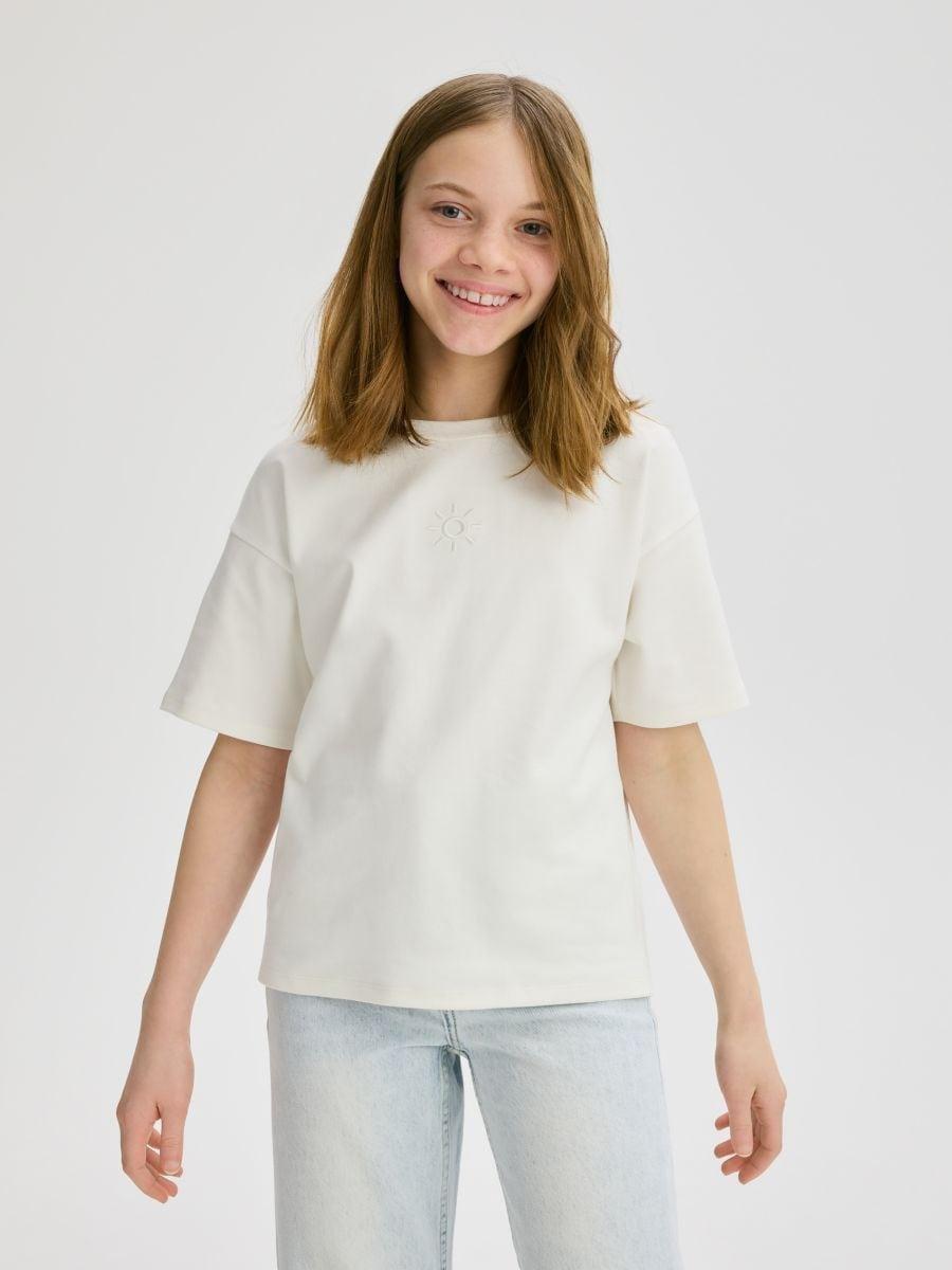 Cream Cotton T-Shirt With Appliques, , medium