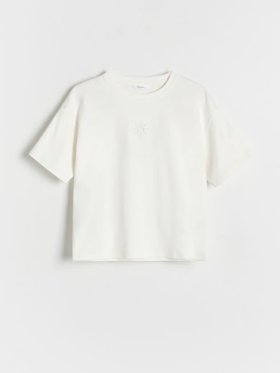 Cream Cotton T-Shirt With Appliques, Ivory, medium