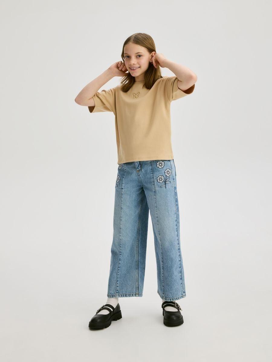 Beige Cotton T-Shirt With Appliques, Beige, medium