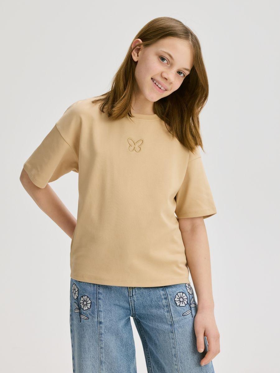 Beige Cotton T-Shirt With Appliques, Beige, medium