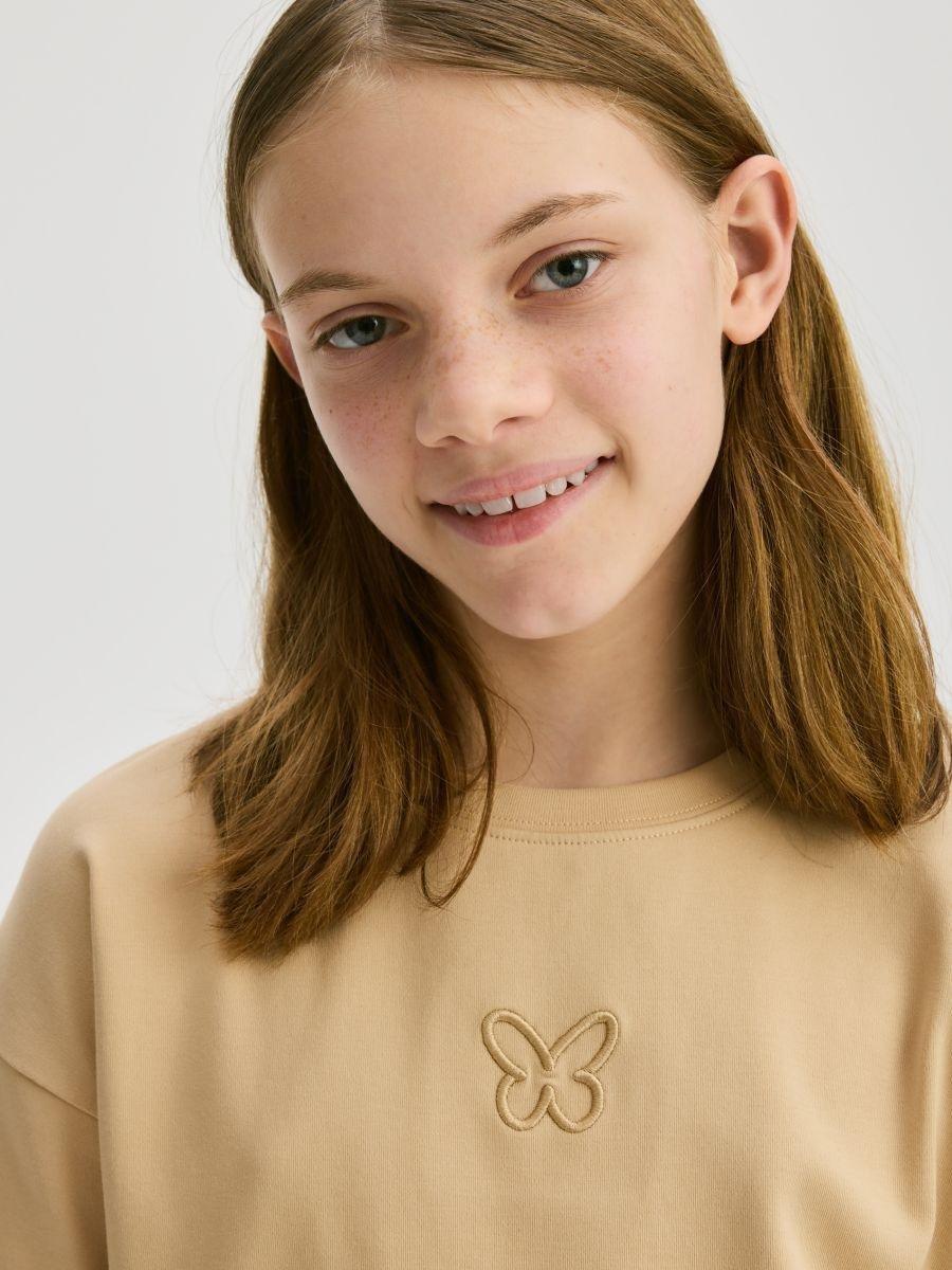 Beige Cotton T-Shirt With Appliques, Beige, medium