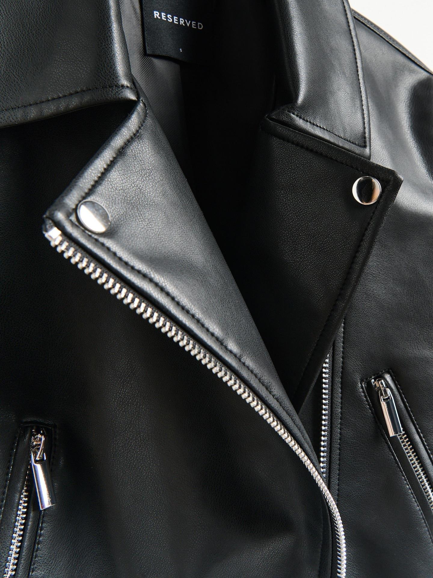 Black Faux Leather Biker Jacket, Black, medium