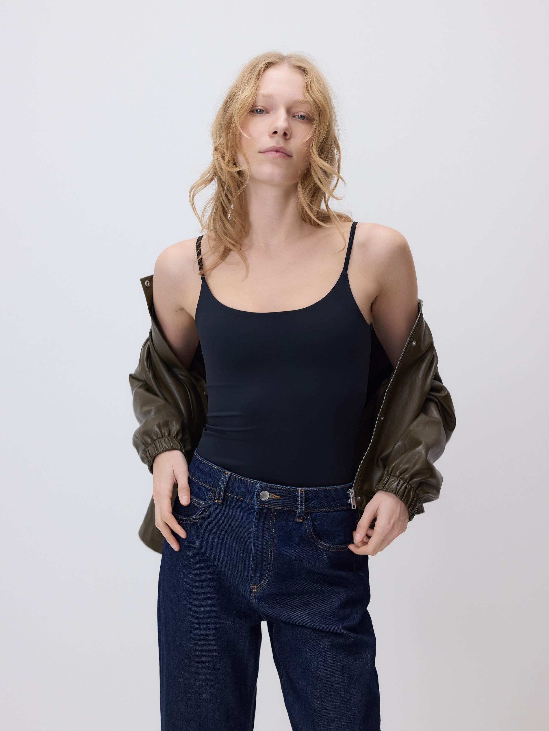 Black Plain Spaghetti Strap Top, Black, medium