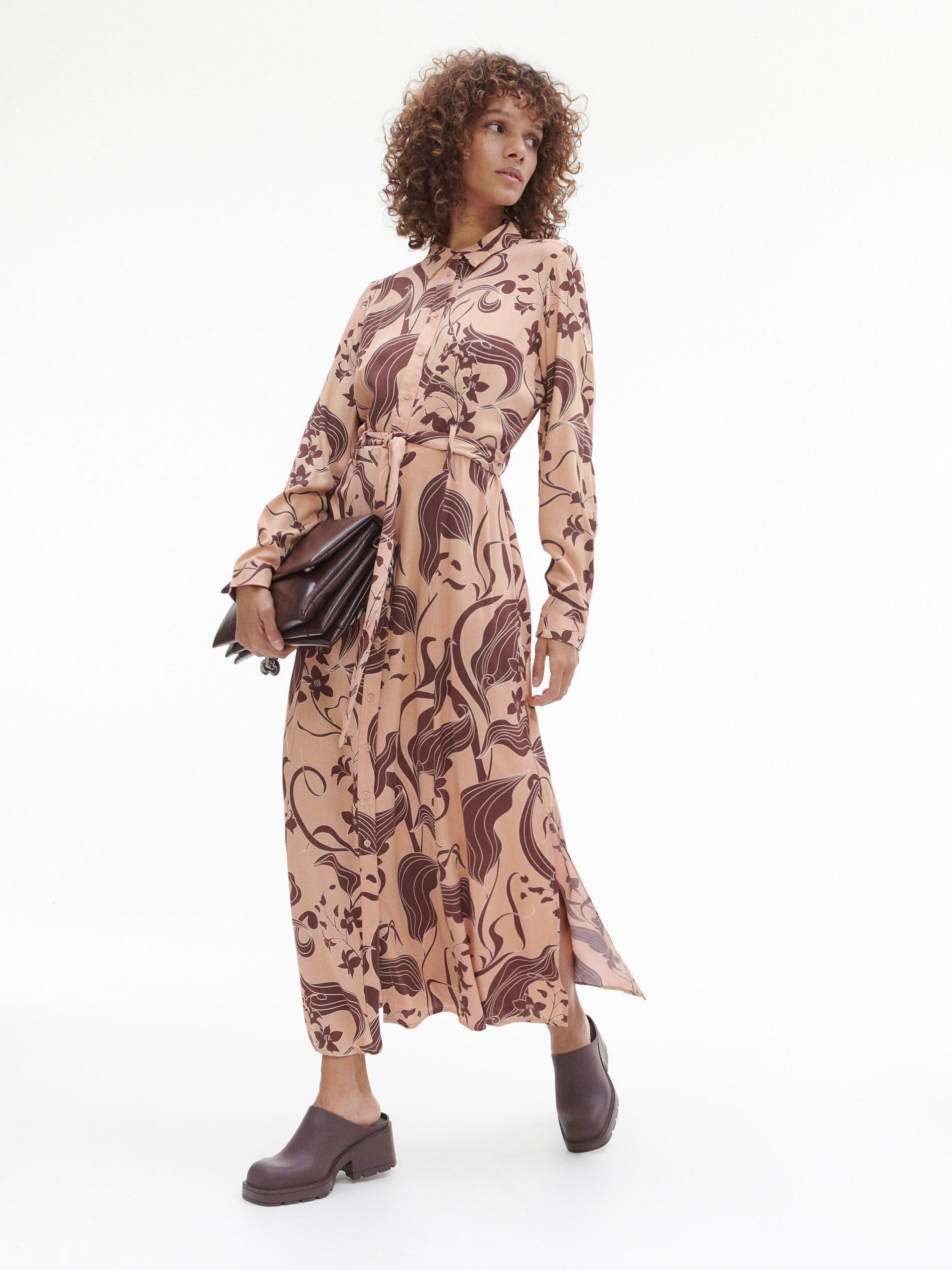 Brown Patterned Ecovero Dress, , large image number 0