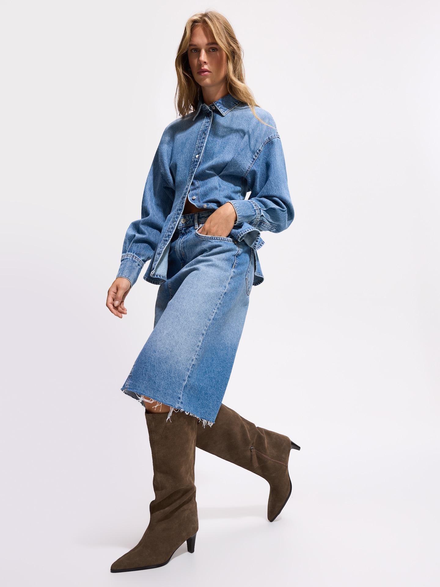 Blue Denim Skirt With Stitch Detail, Blue, medium