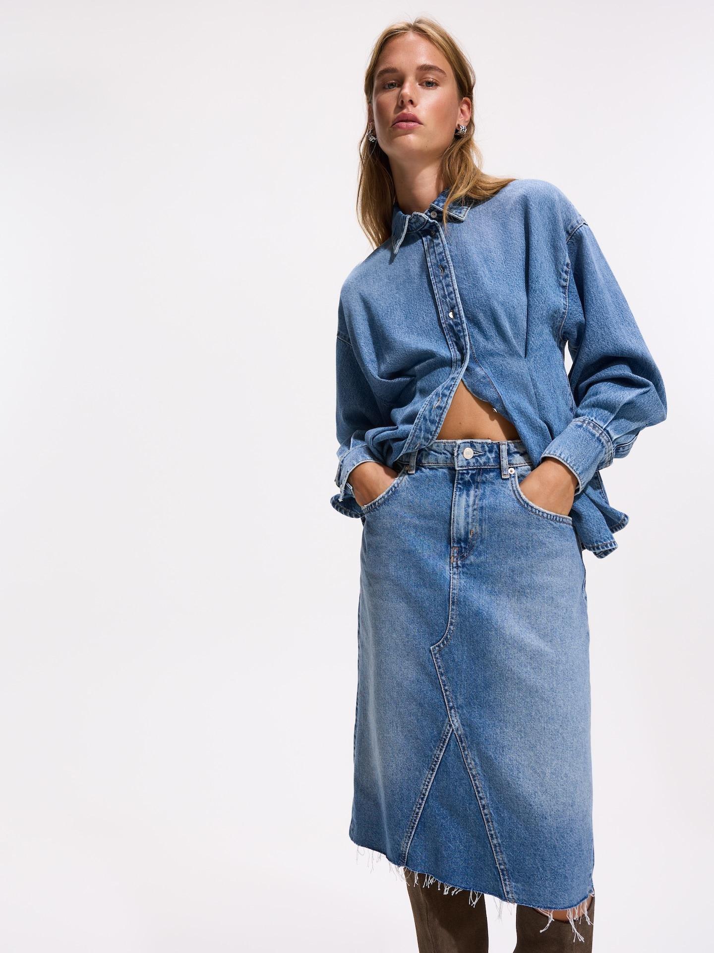 Blue Denim Skirt With Stitch Detail, Blue, large image number 1