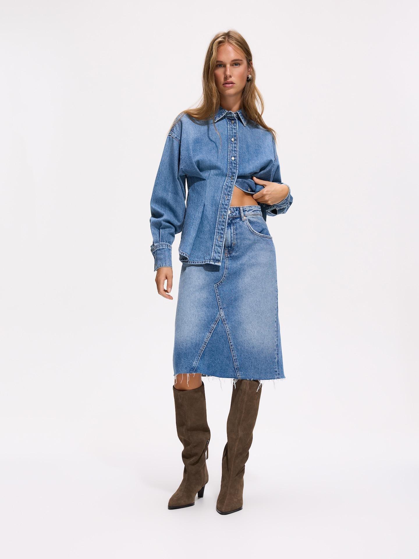 Blue Denim Skirt With Stitch Detail, Blue, medium