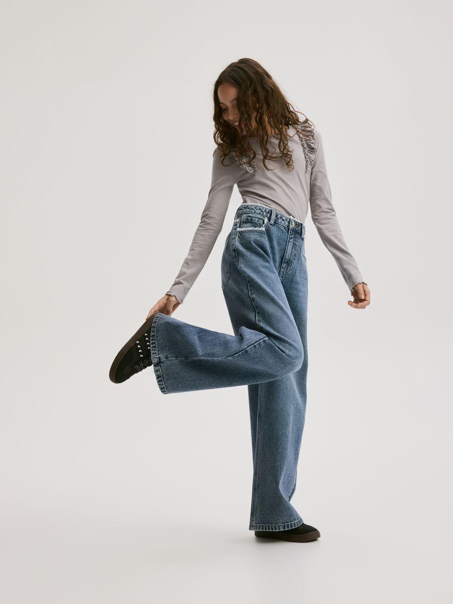 Navy Super Wide Leg Jeans With Lace, Navy, large image number 0