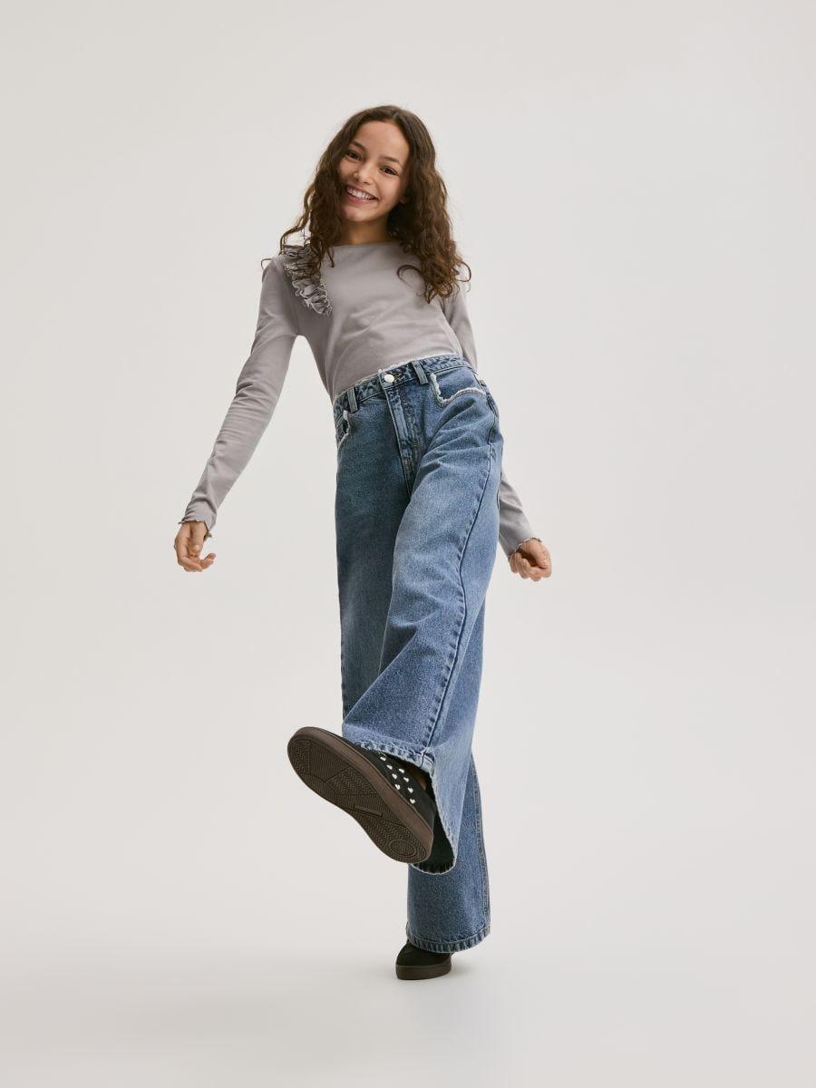 Navy Super Wide Leg Jeans With Lace, Navy, large image number 1