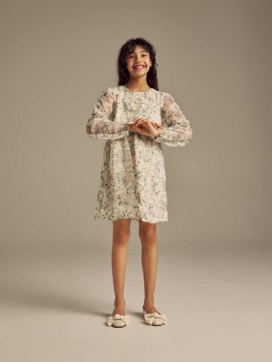 Cream Dress With Embroidered Pattern, Ivory, large image number 0