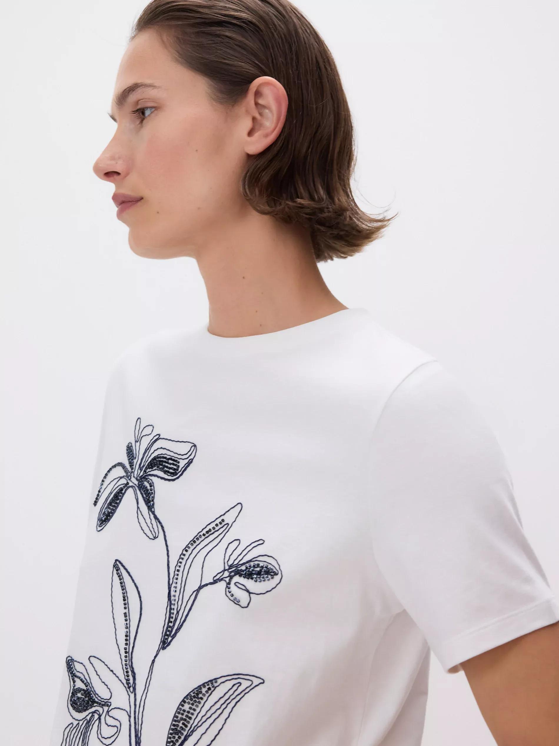 Cream T-Shirt With Embroidered Pattern, , large image number 0