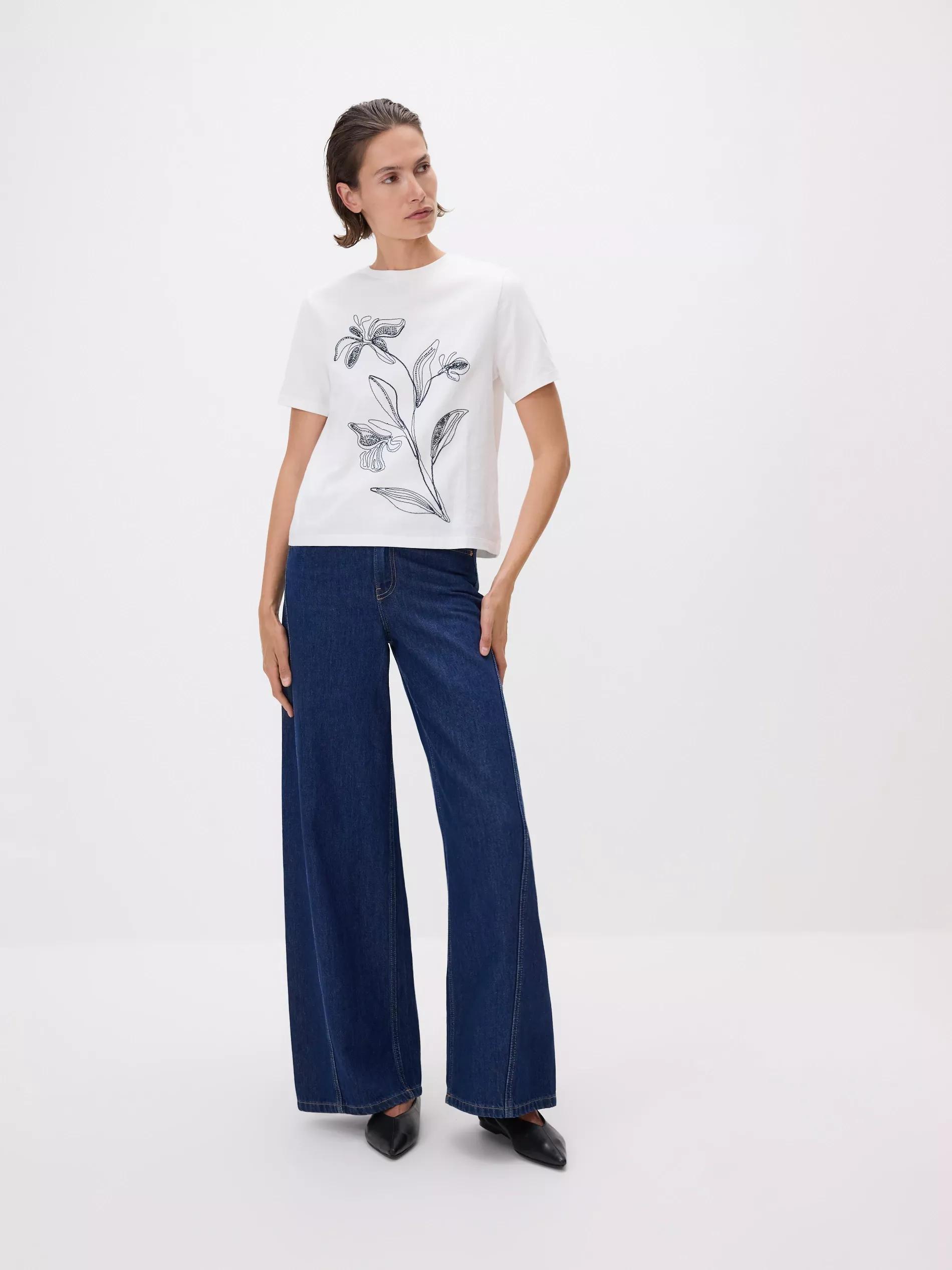 Cream T-Shirt With Embroidered Pattern, , large image number 1