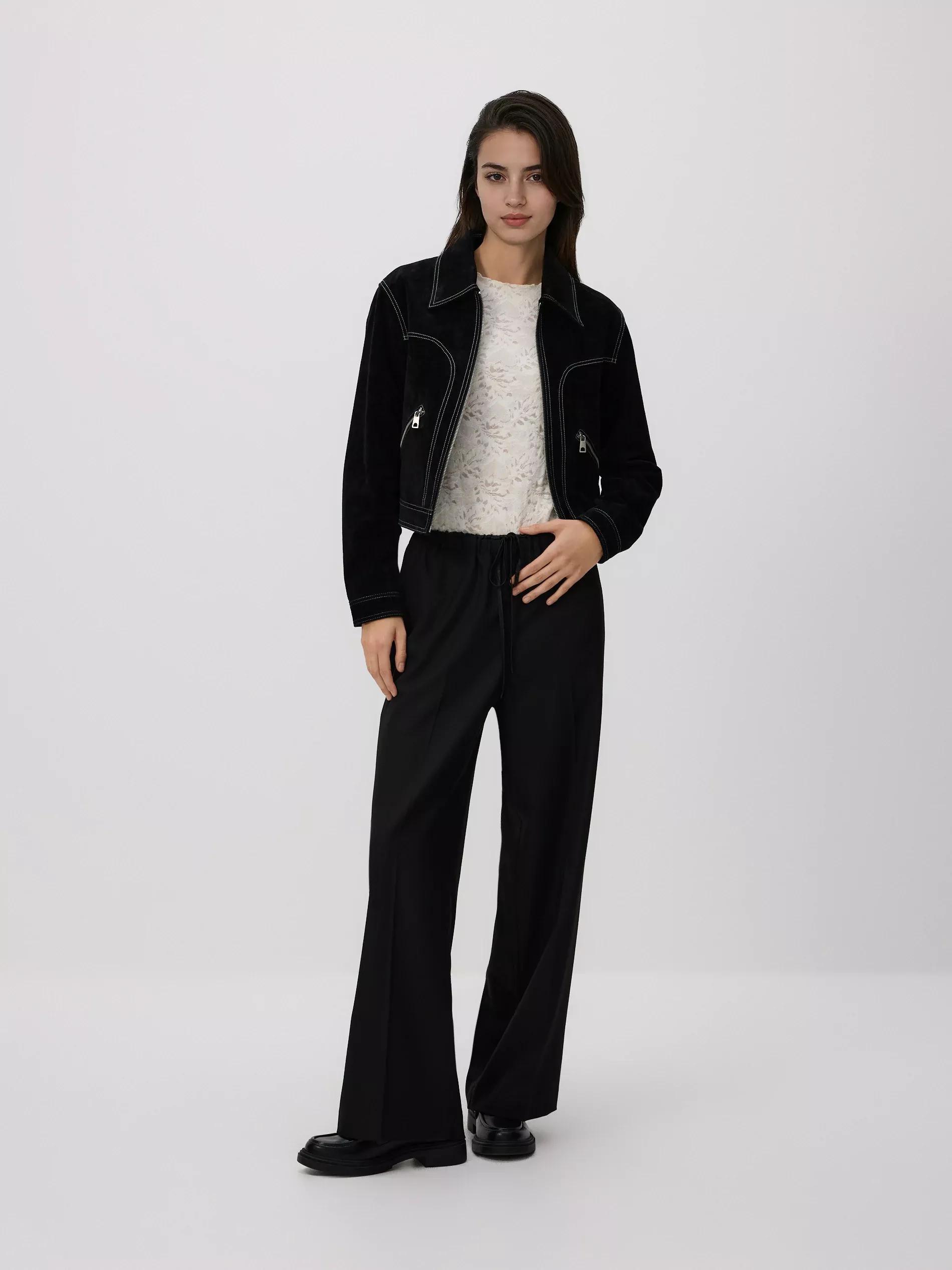 Black Loose Rib Knit Trousers, Black, large image number 0