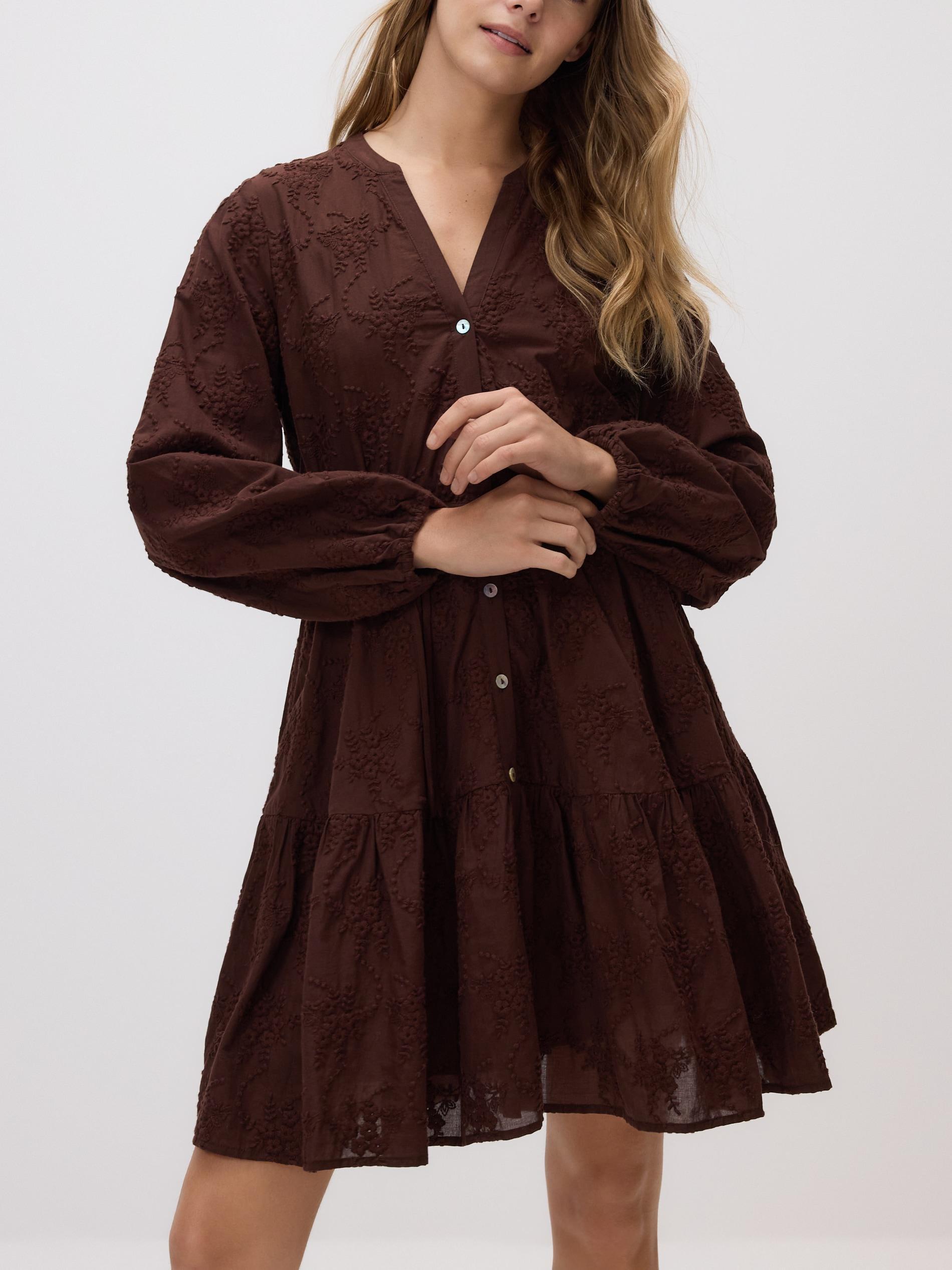Brown Dress With Embroidery Detailing, Brown, large image number 0