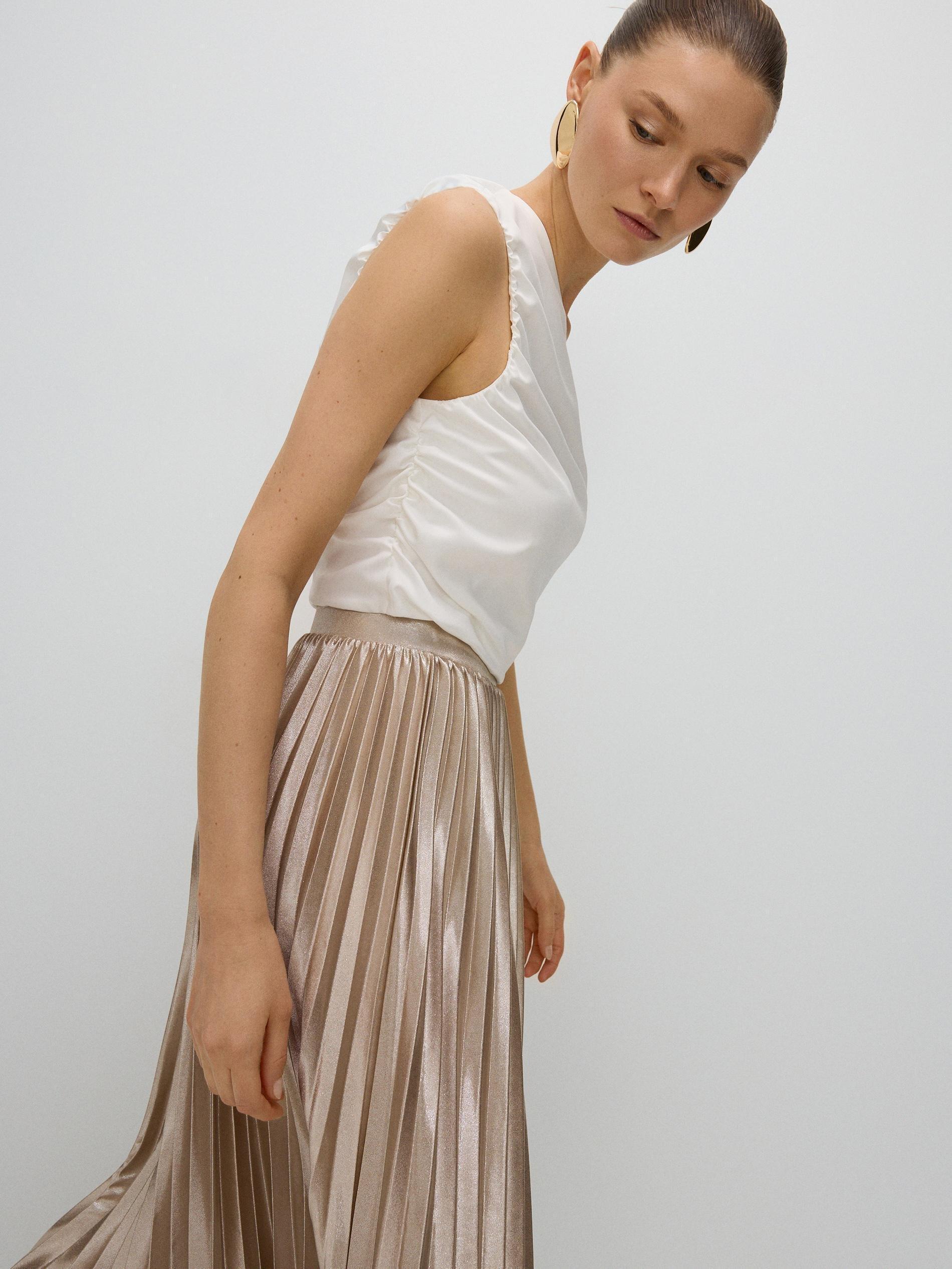 Beige Elastic Waistband Midi Skirt, , large image number 1