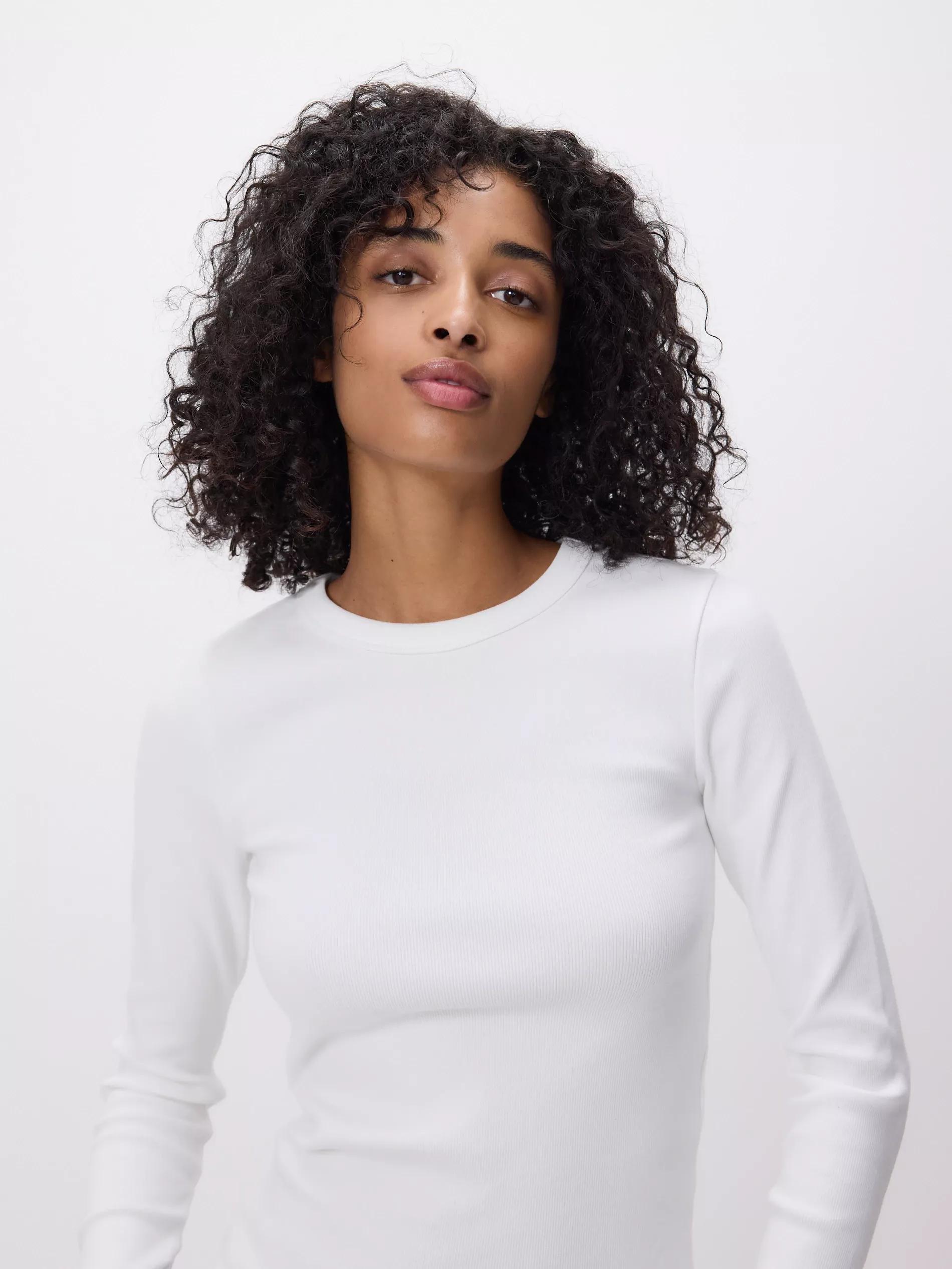 Cream Rib Knit Long Sleeve T-Shirt, Ivory, large image number 0