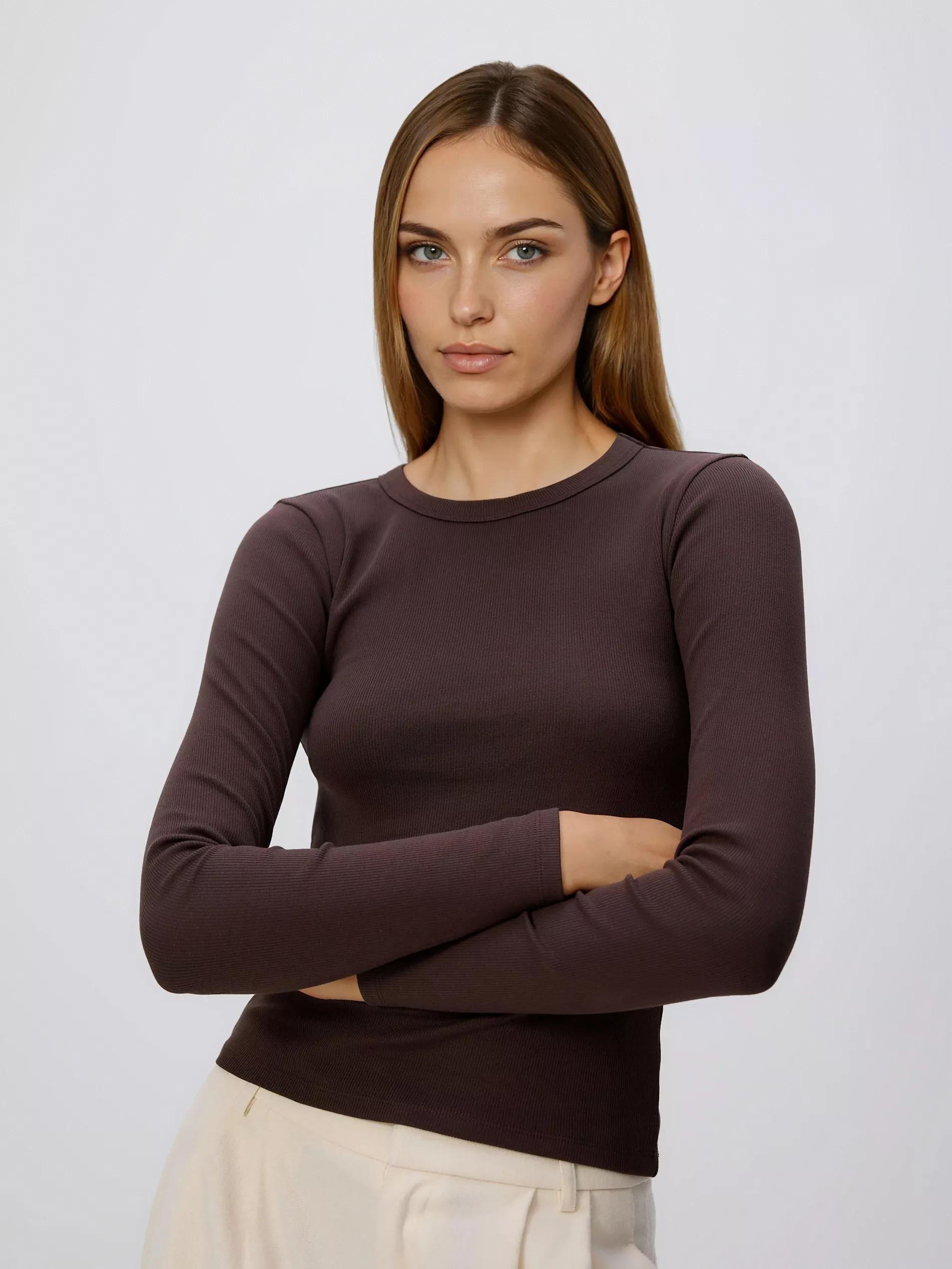 Brown Rib Knit Long Sleeve T-Shirt, Brown, large image number 0