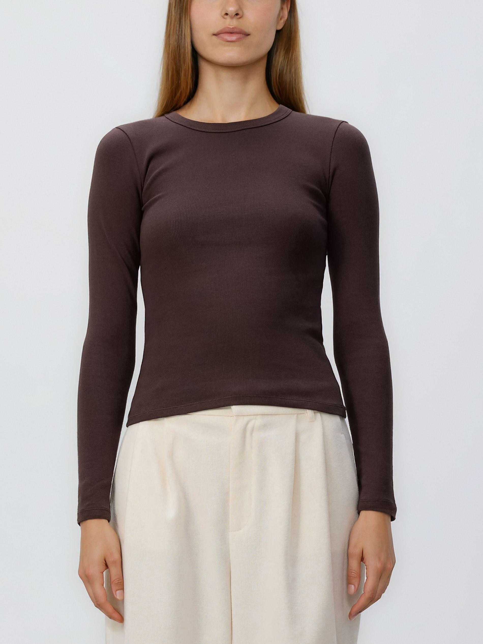 Brown Rib Knit Long Sleeve T-Shirt, Brown, large image number 1
