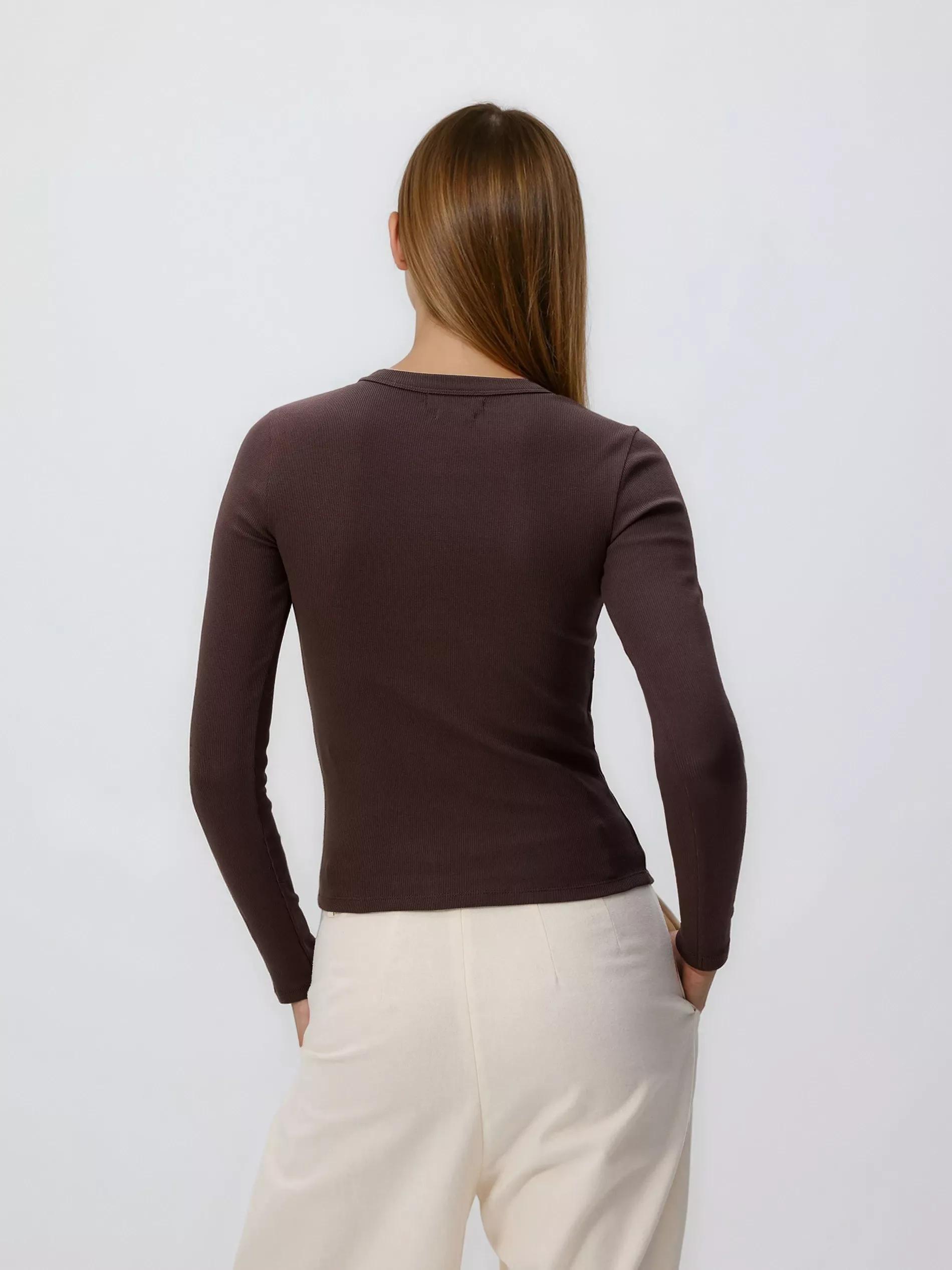 Brown Rib Knit Long Sleeve T-Shirt, Brown, large image number 3