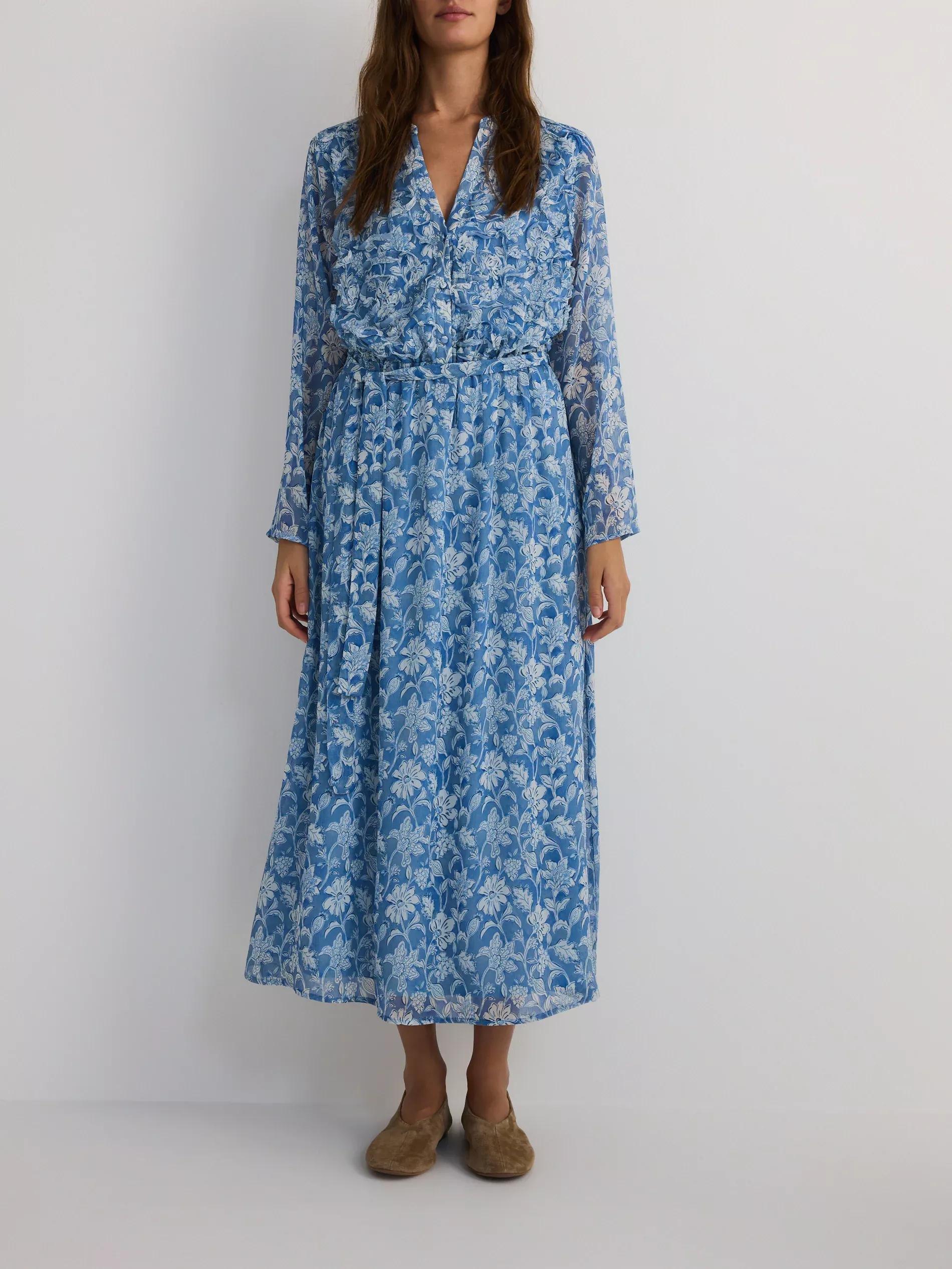 Blue Dress With Pattern And Decorative Lace, , large image number 0