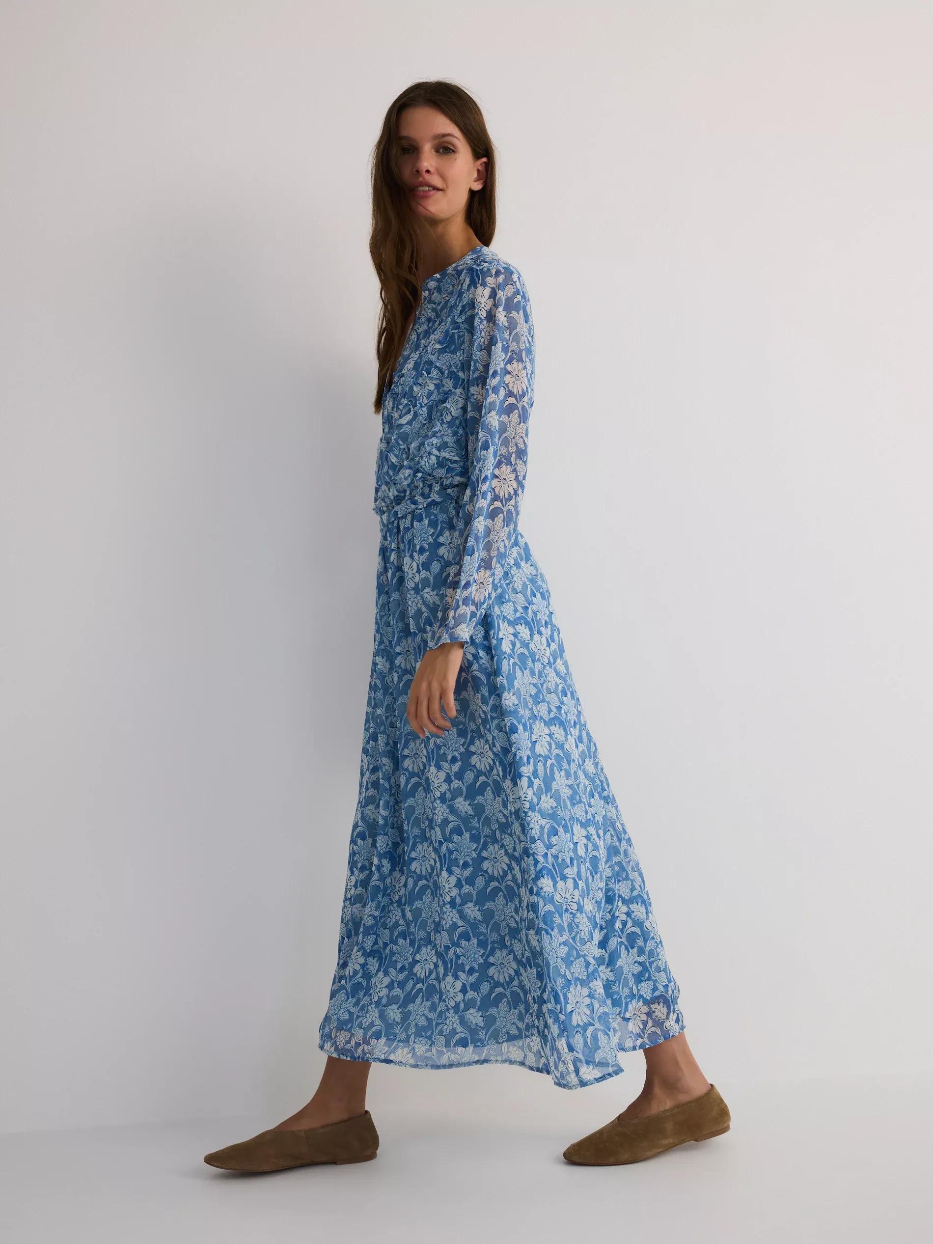 Blue Dress With Pattern And Decorative Lace, Blue, medium