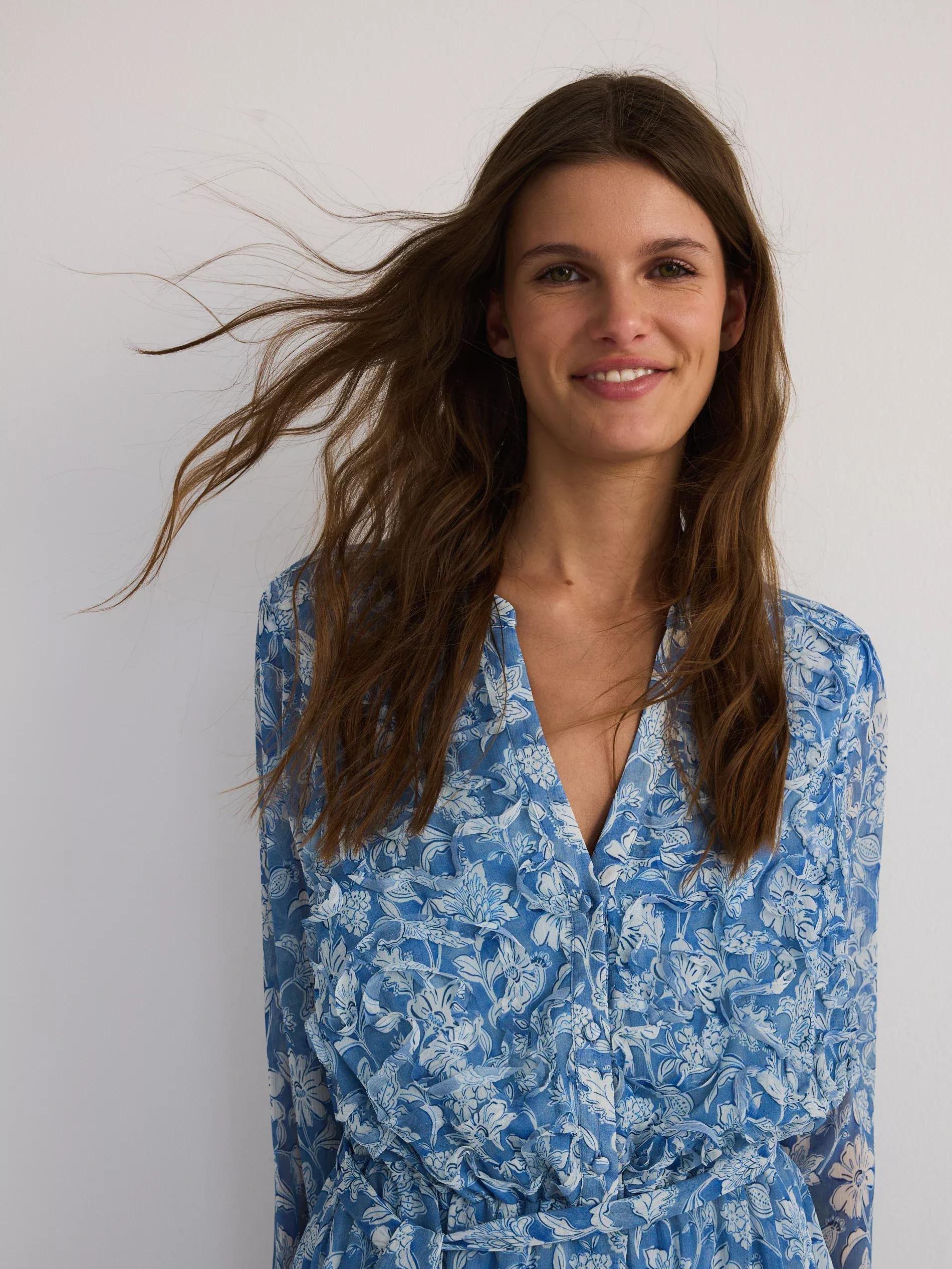 Blue Dress With Pattern And Decorative Lace, Blue, medium