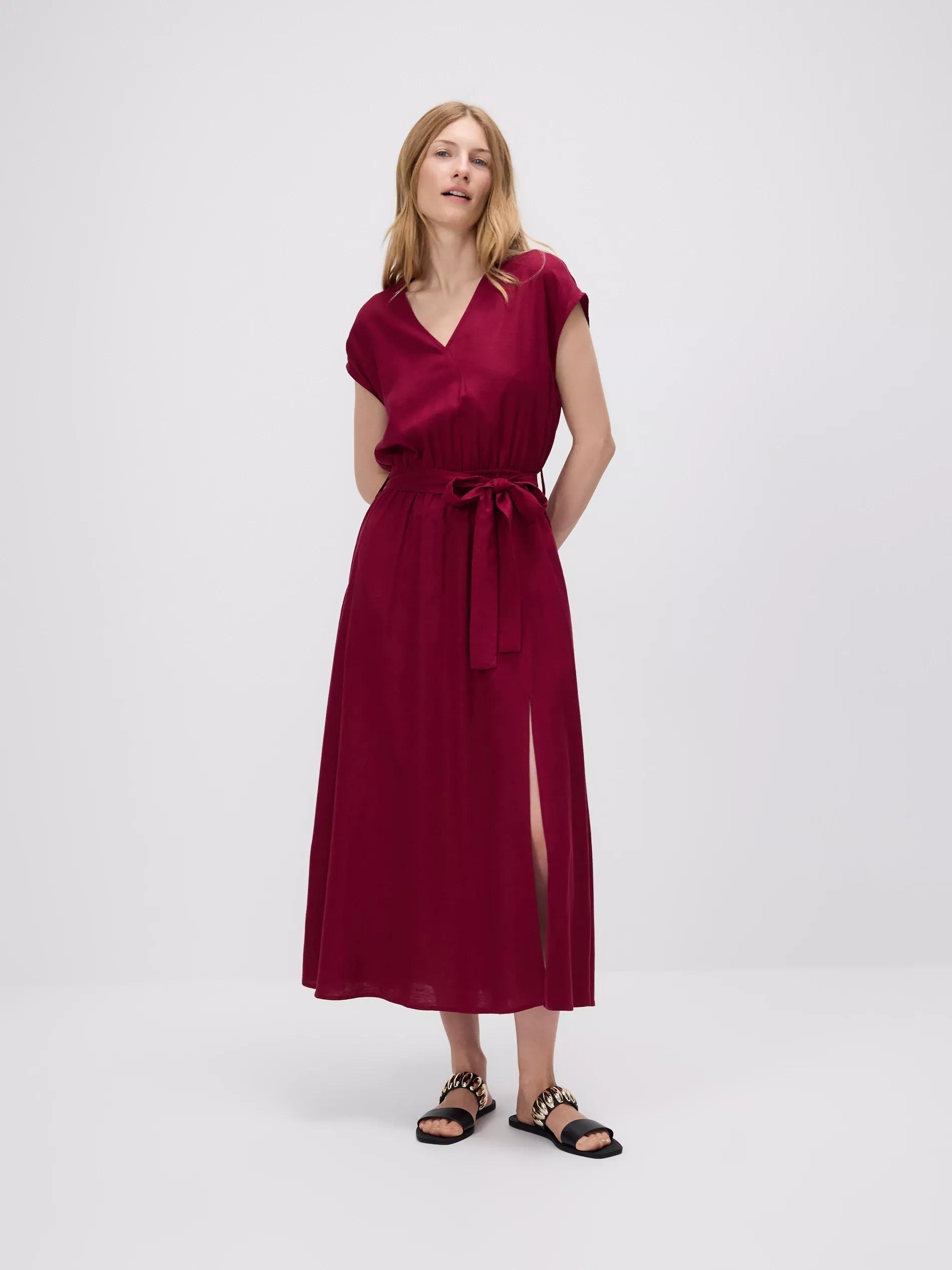 Maroon Midi Dress With Linen Blend, Burgundy, large image number 0