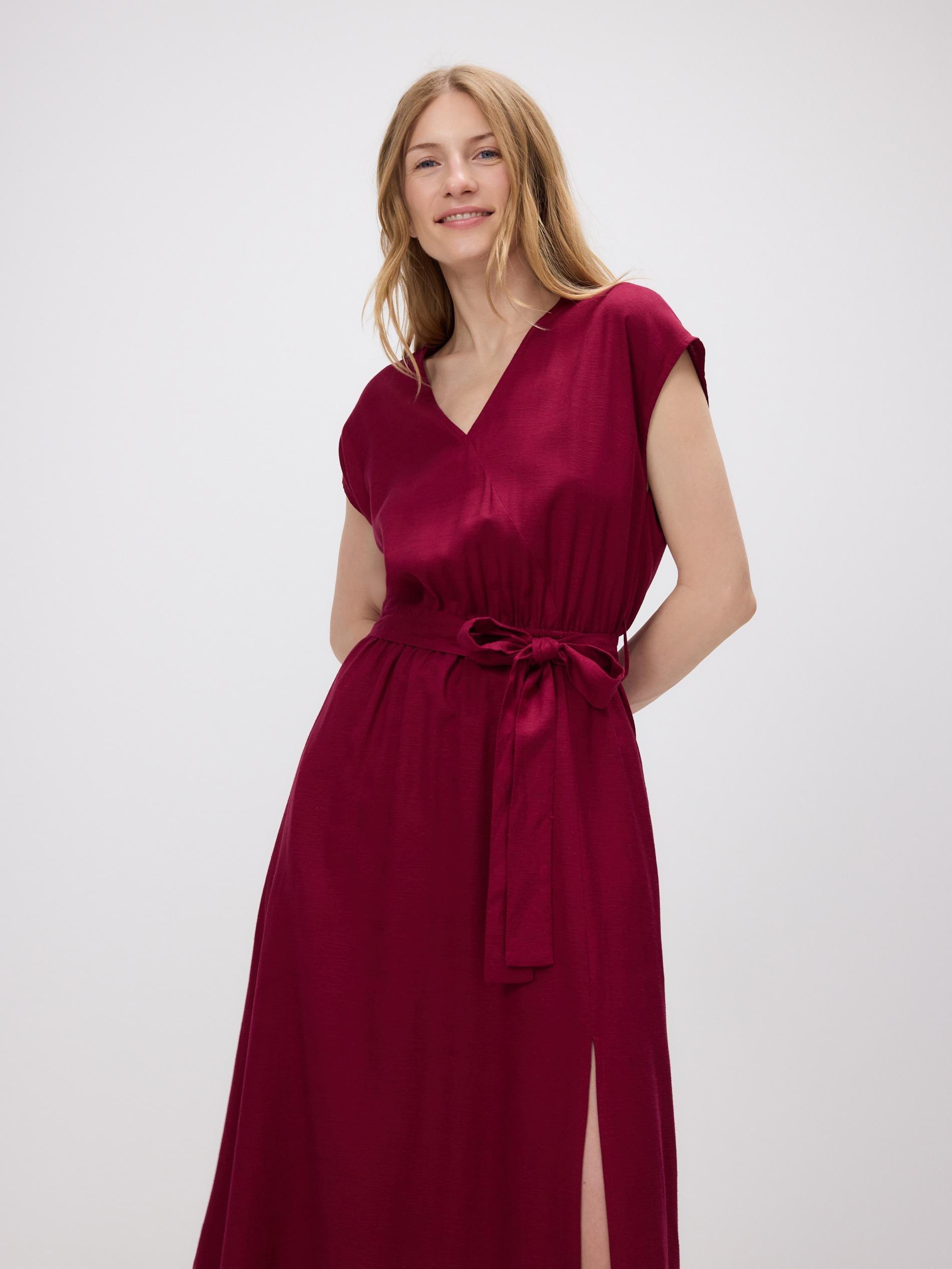 Maroon Midi Dress With Linen Blend, Burgundy, large image number 1