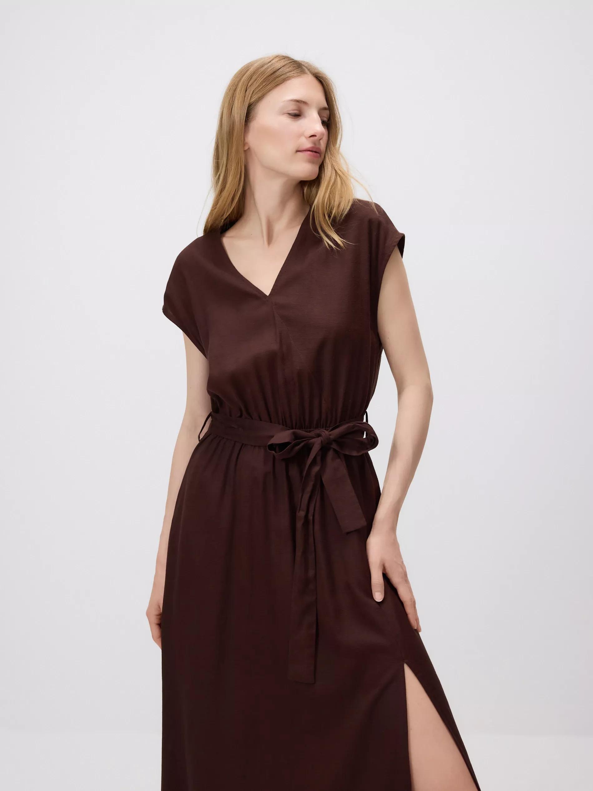 Brown Midi Dress With Linen Blend, Brown, large image number 0