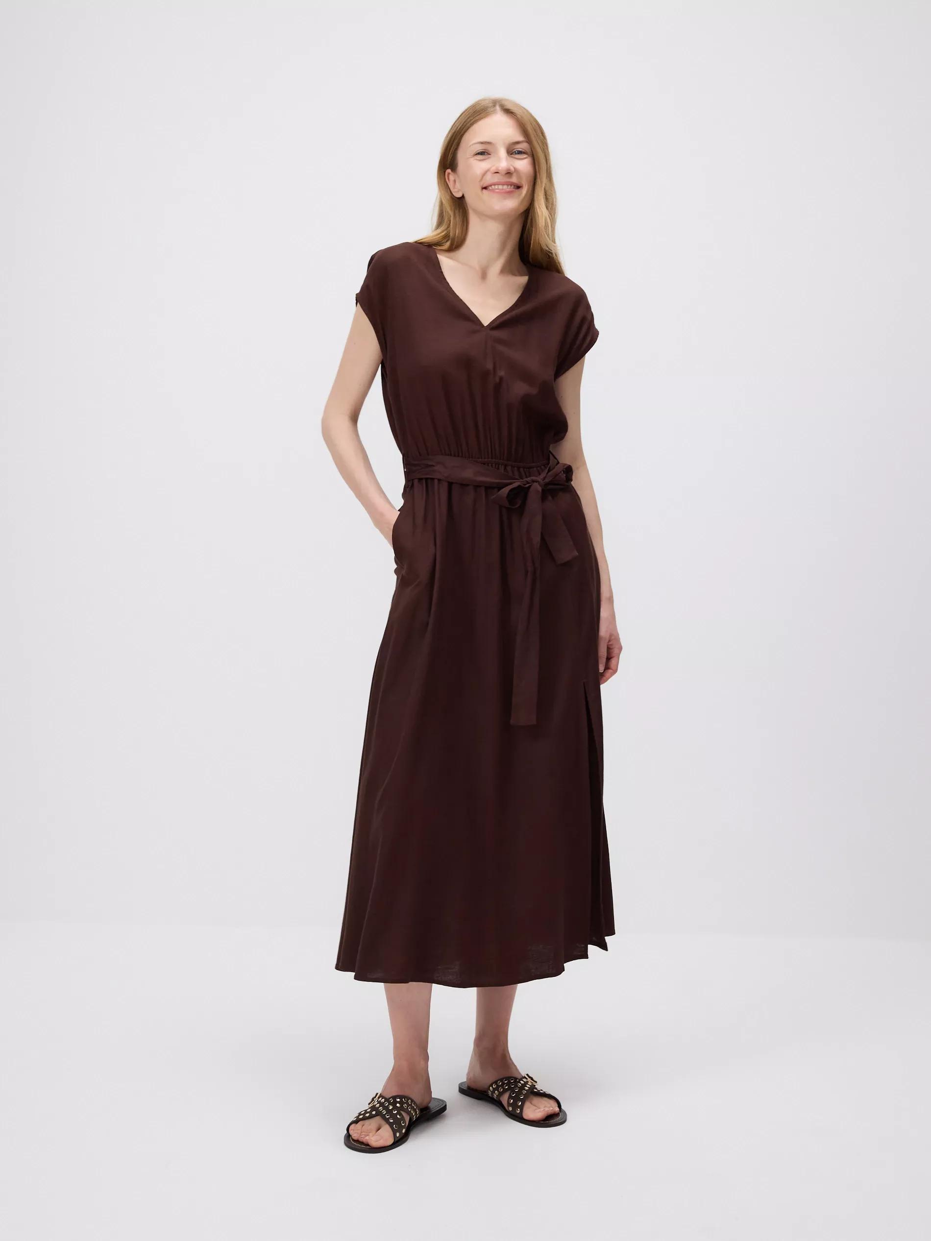 Brown Midi Dress With Linen Blend, Brown, large image number 1