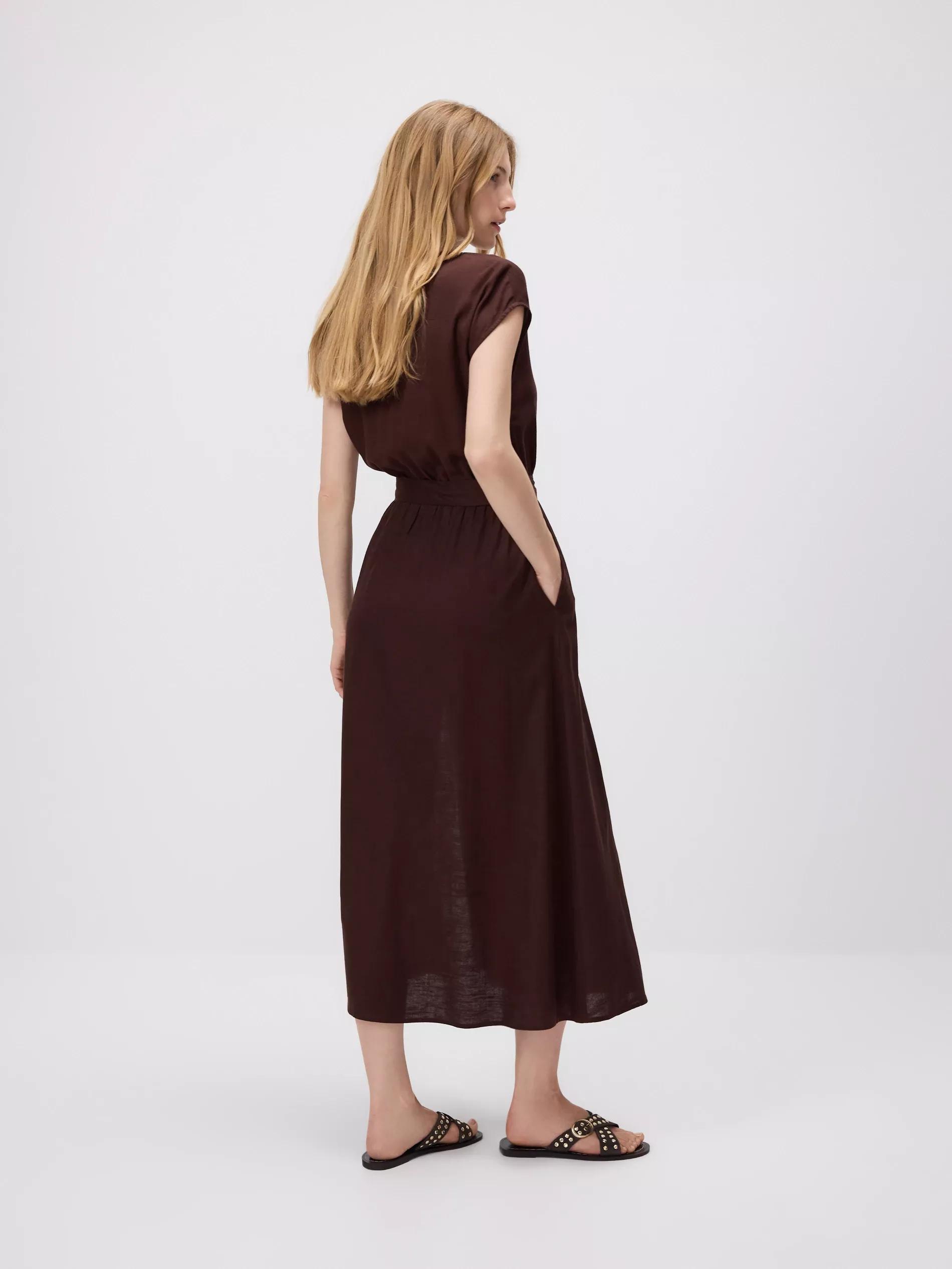 Brown Midi Dress With Linen Blend, Brown, large image number 3