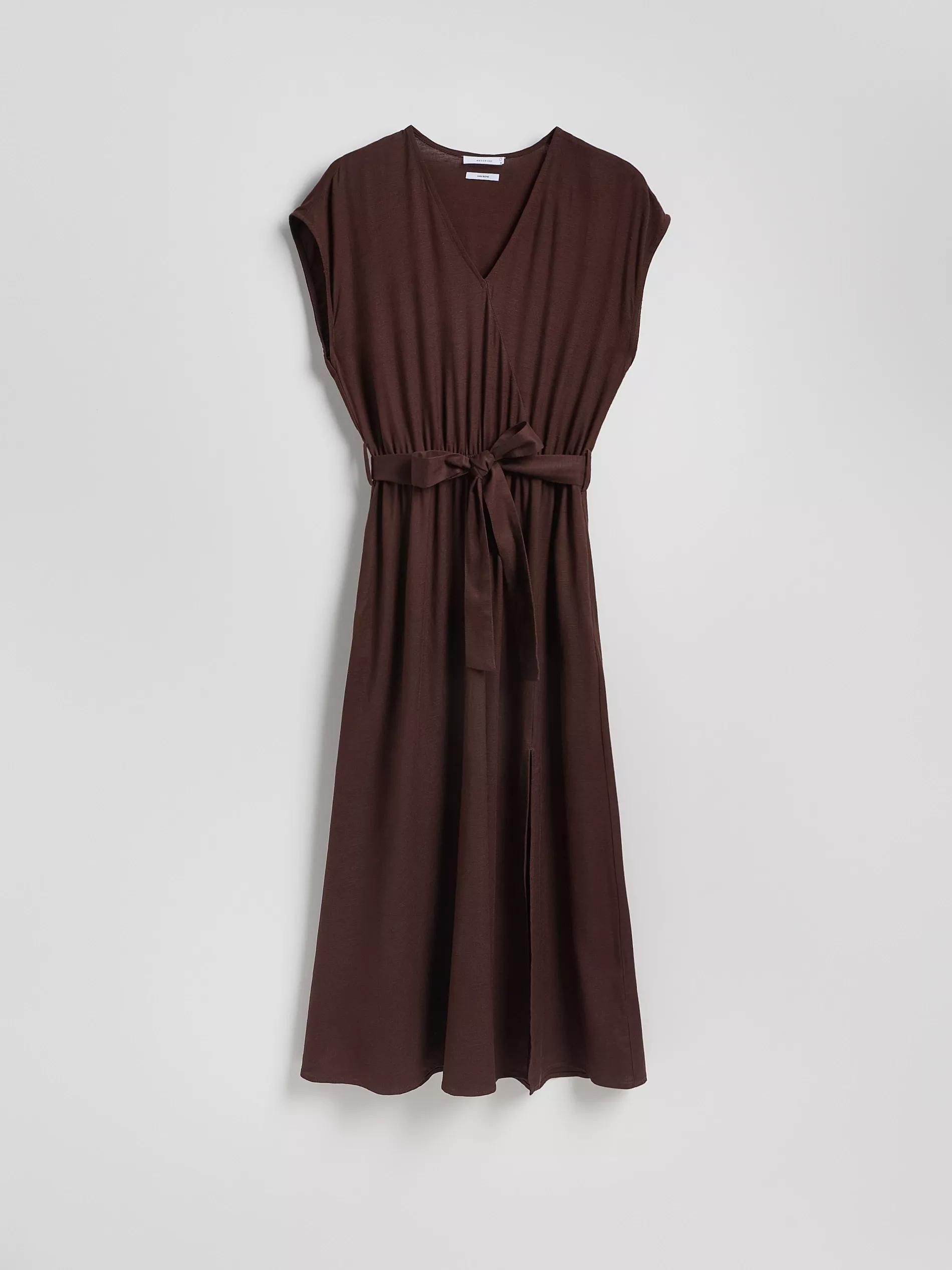 Brown Midi Dress With Linen Blend, Brown, large image number 5