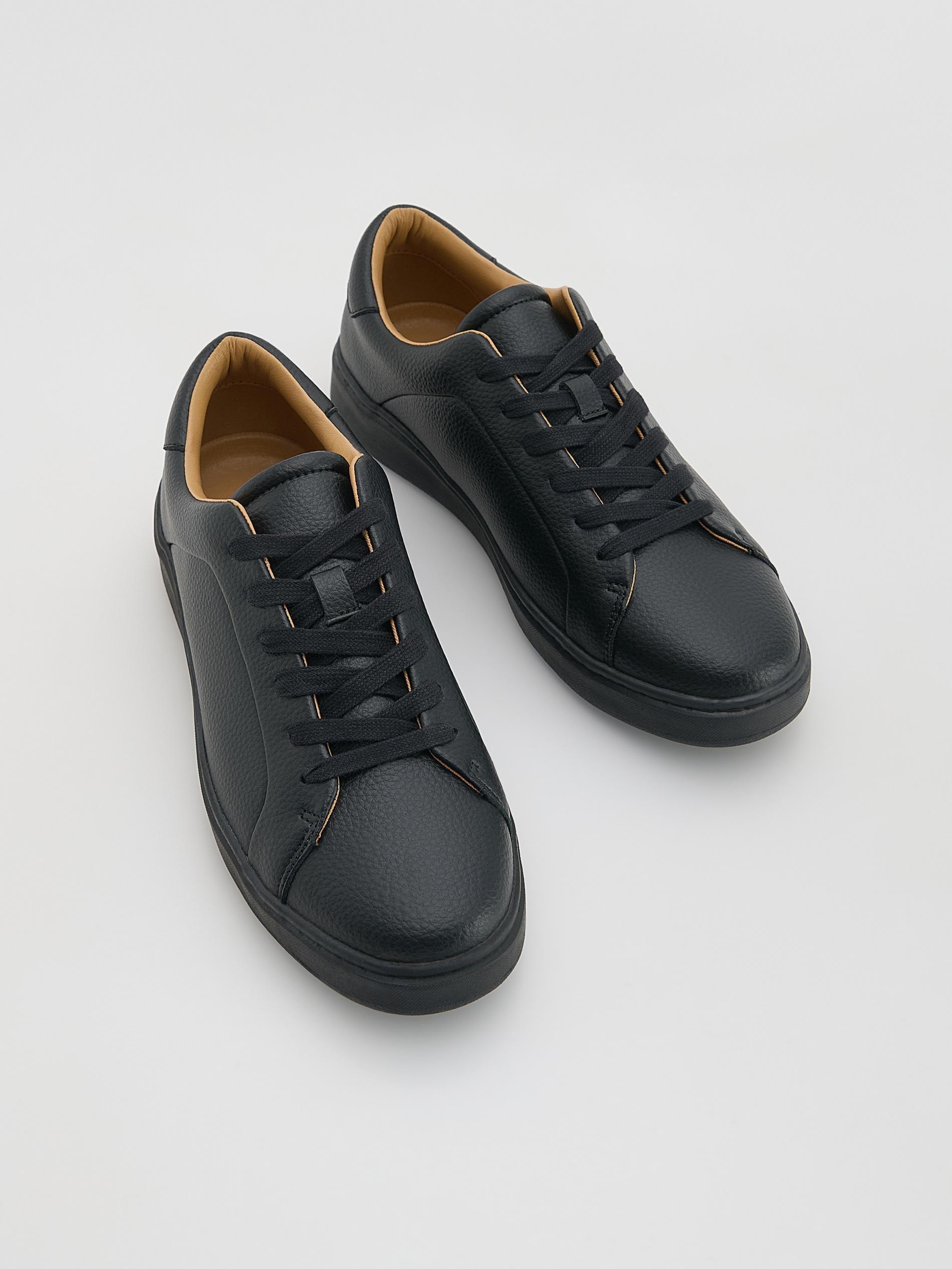 Black Leather Rich Sneakers, Black, medium