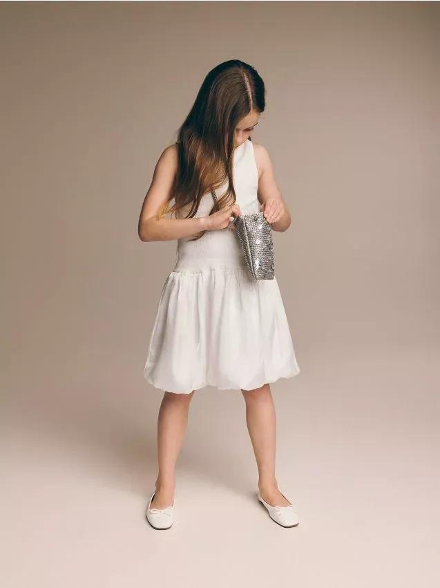 Grey Embroidered Handbag, Kids Girls, Silver, large image number 0