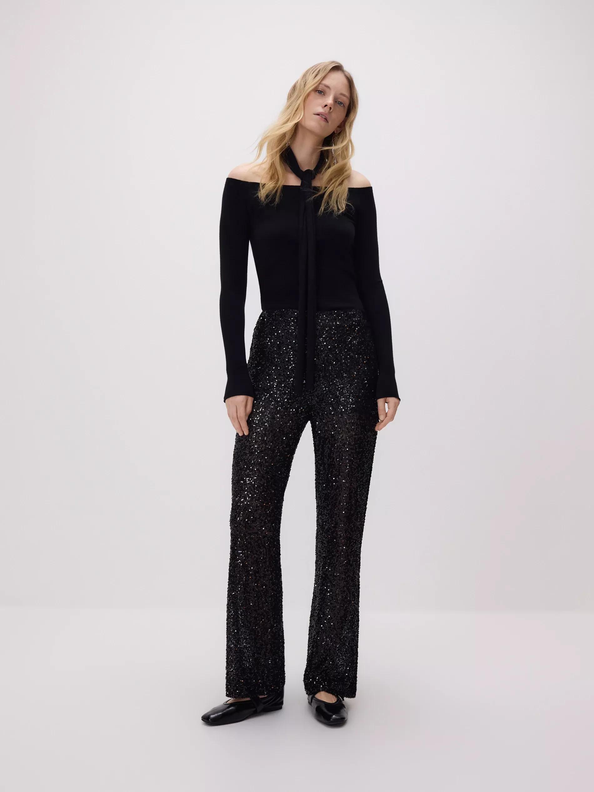 Black Sequin Trousers, Black, medium