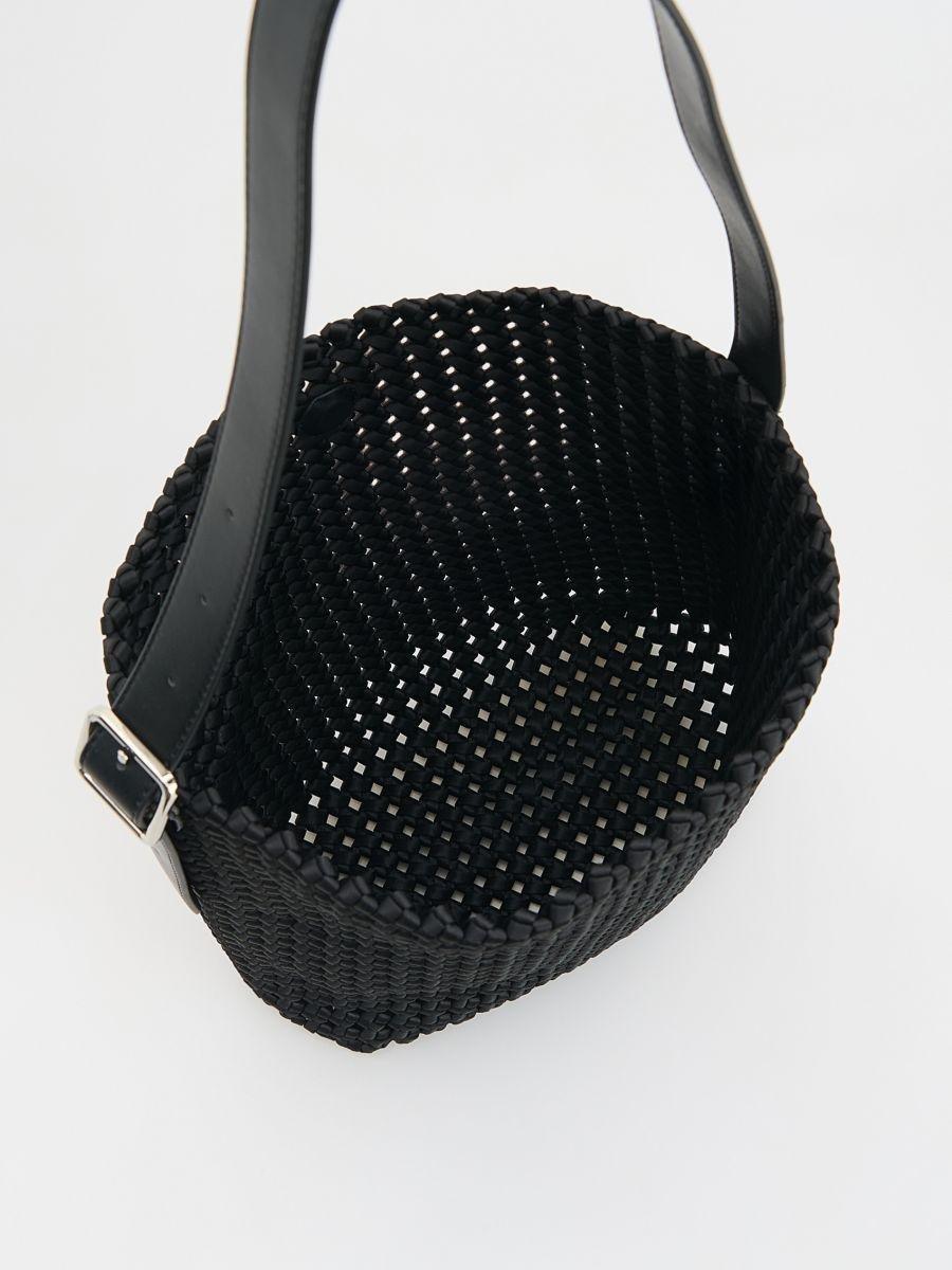 Black Woven Shoulder Bag, Black, large image number 1