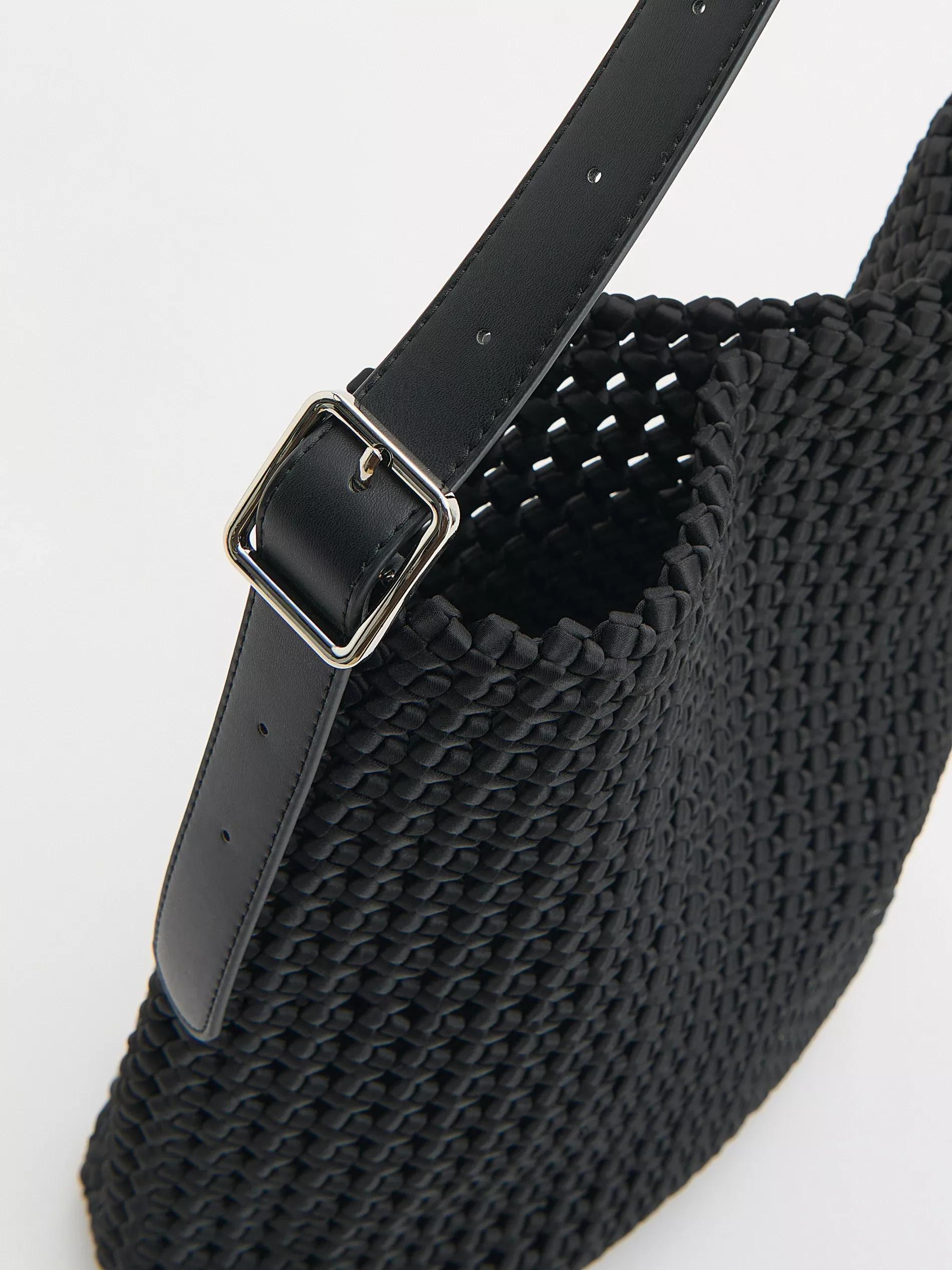 Black Woven Shoulder Bag, Black, large image number 2