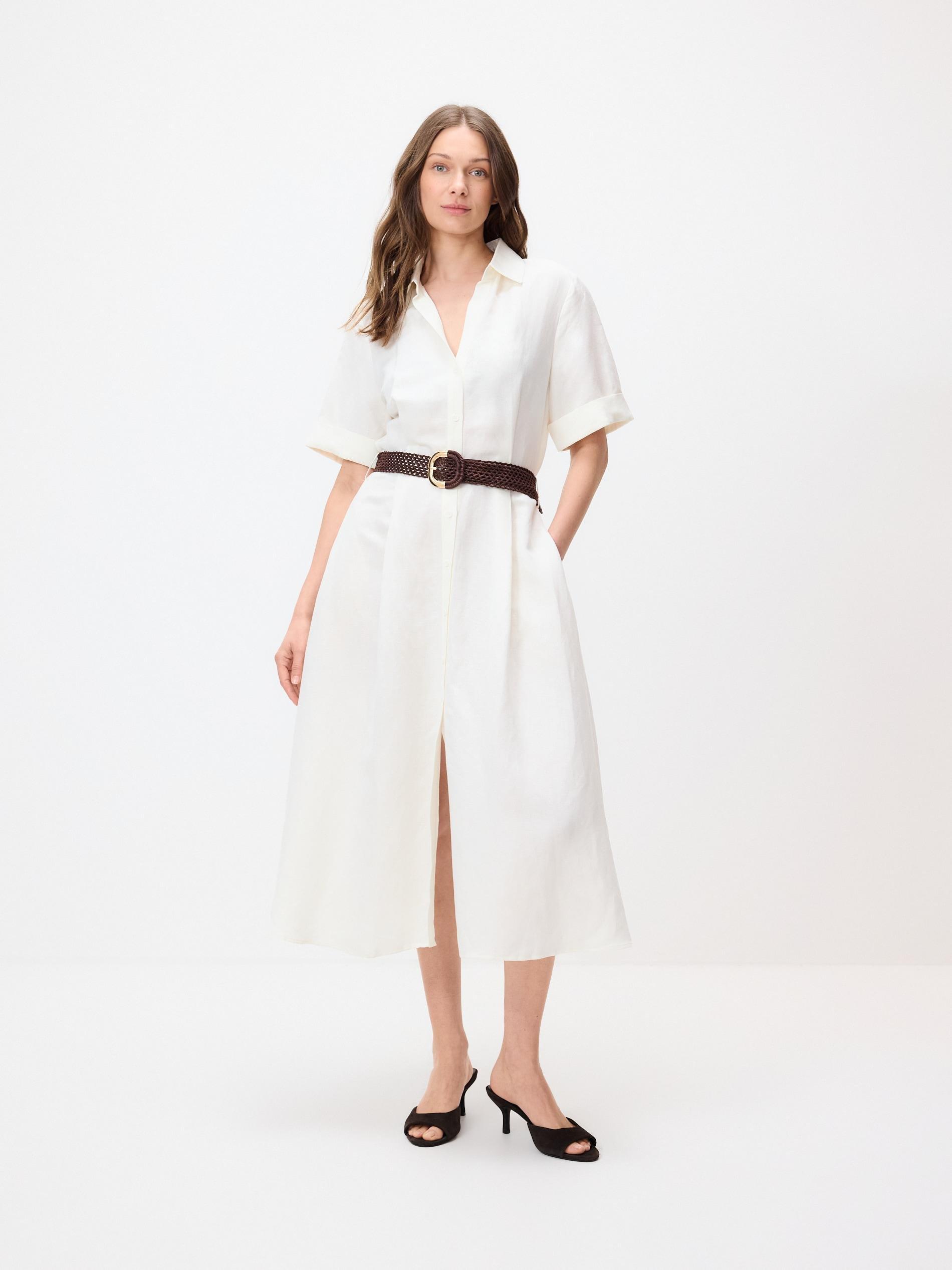 White Linen Blend Midi Dress, White, large image number 0