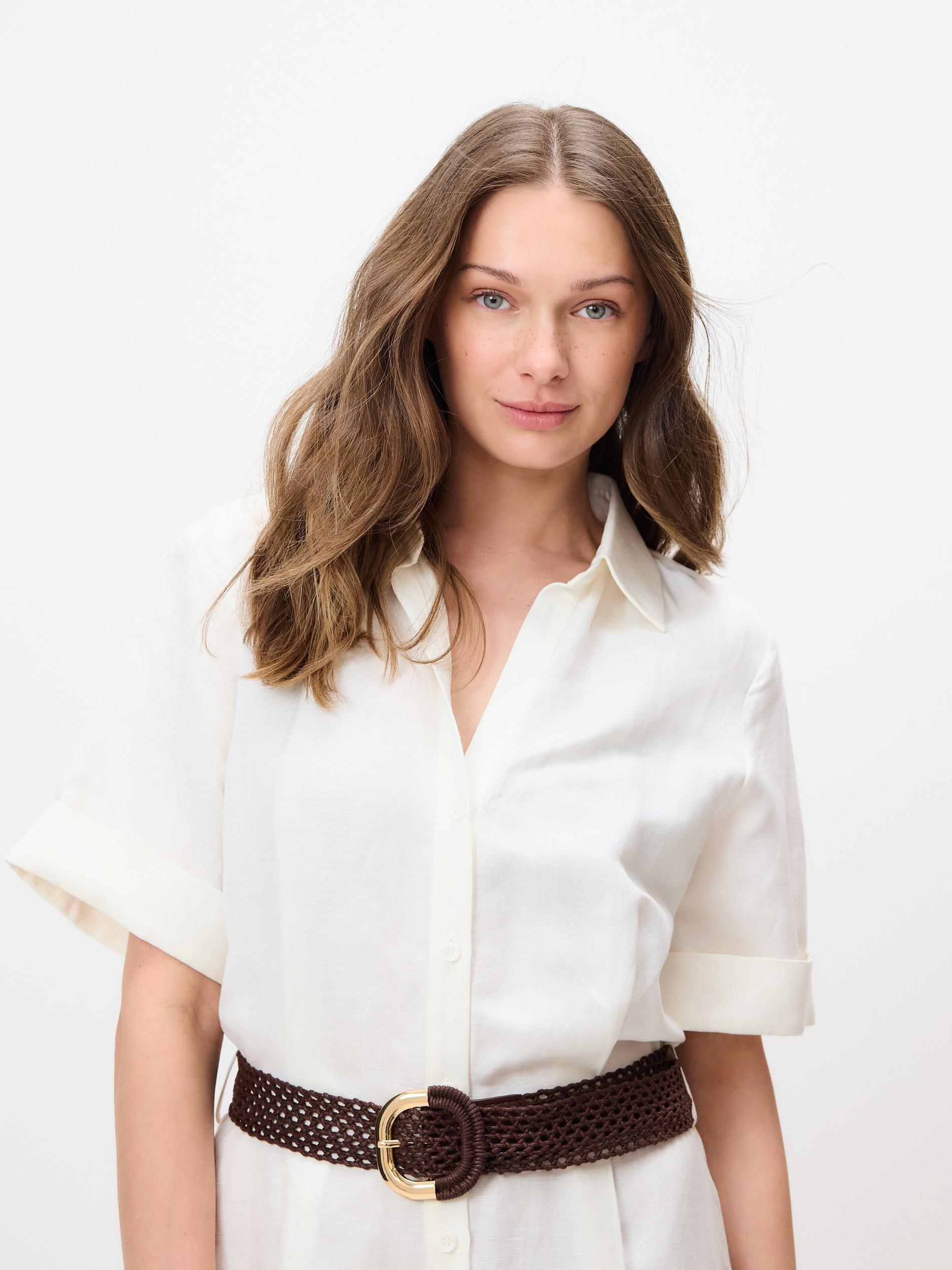White Linen Blend Midi Dress, White, large image number 1