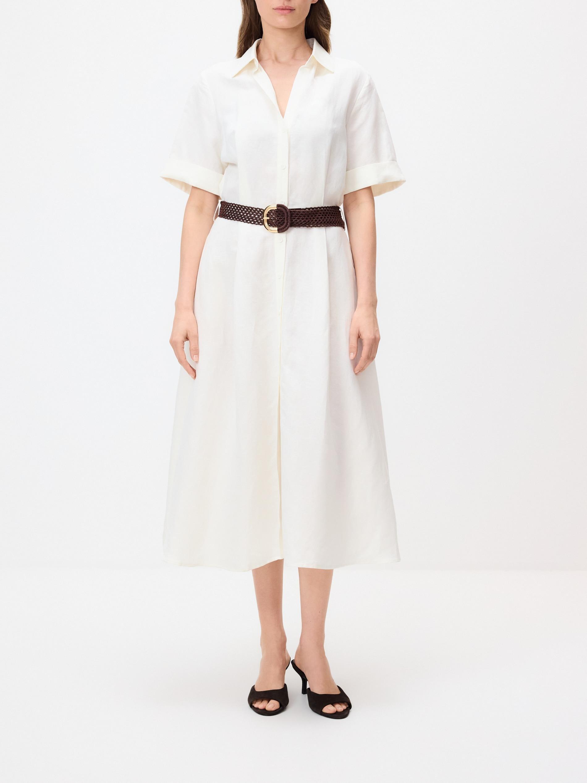 White Linen Blend Midi Dress, White, large image number 2