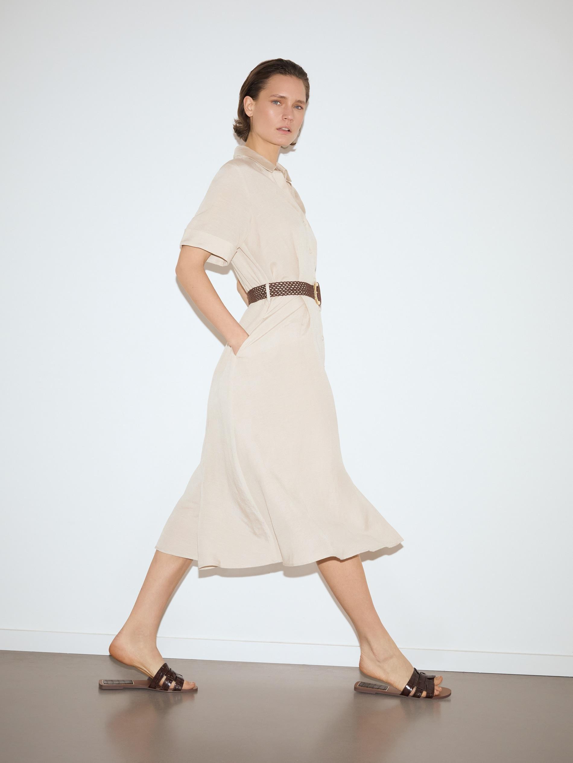 Beige Linen Blend Midi Dress, Beige, medium