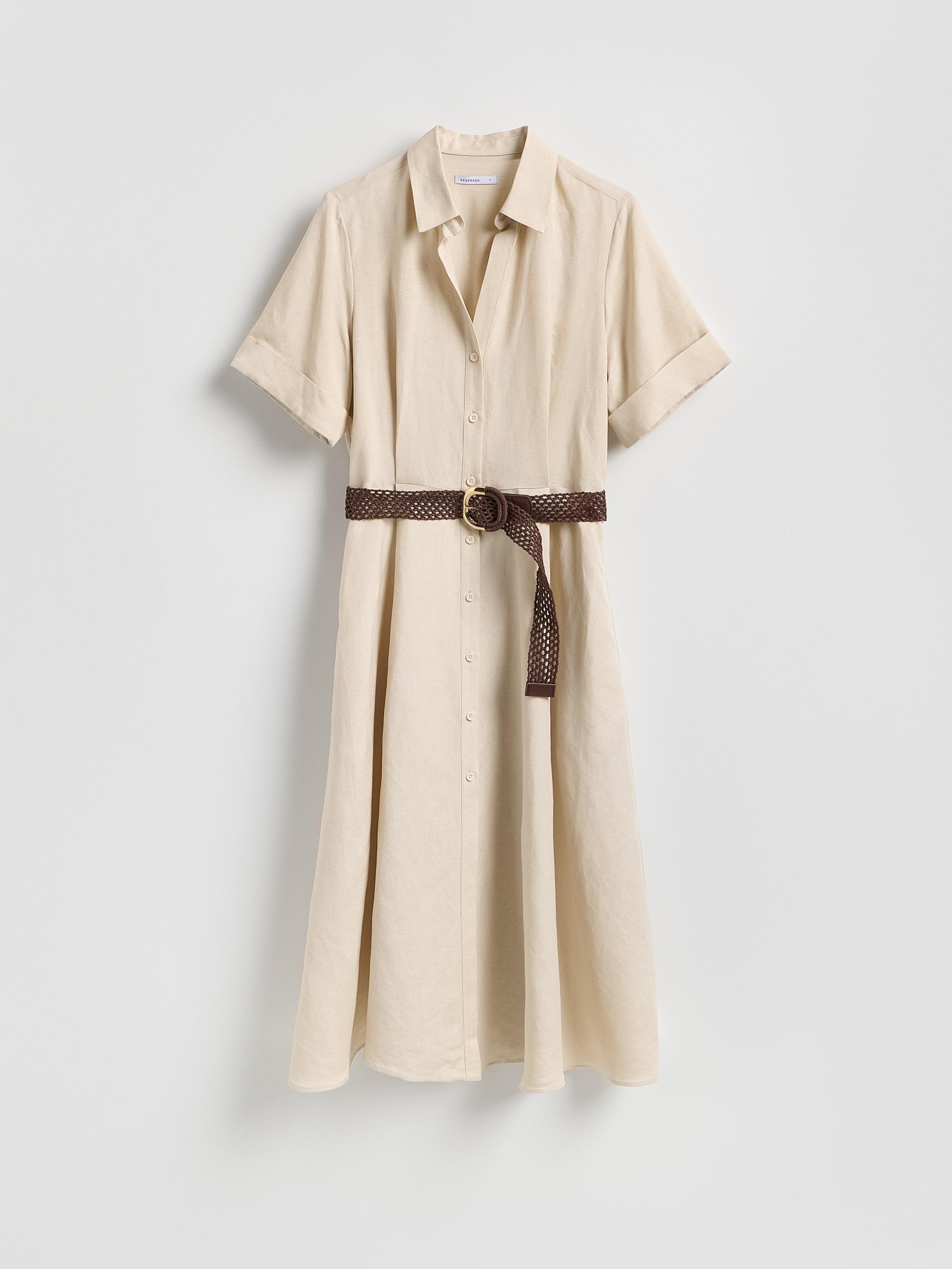 Beige Linen Blend Midi Dress, Beige, medium